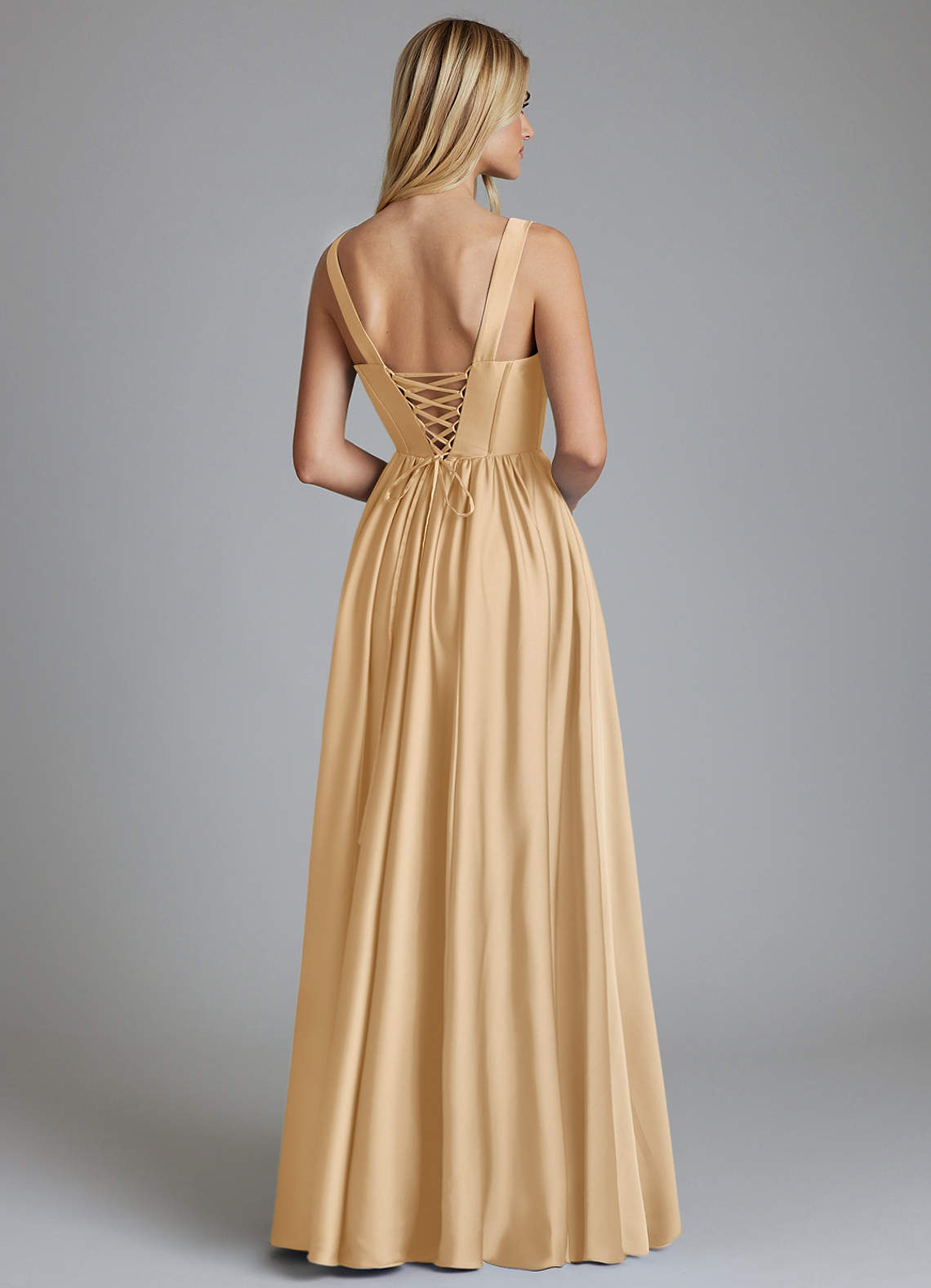 Delmie A-Line V-Neck Stretch Satin Bridesmaid Dress in Gold