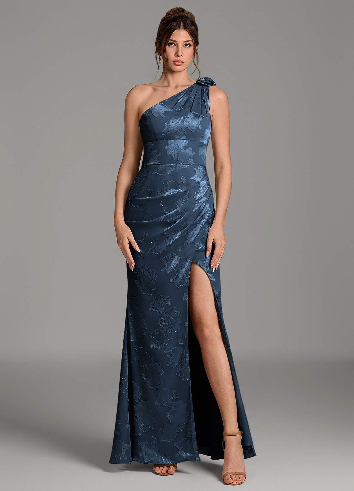 Yanie Mermaid One-Shoulder Jacquard Bridesmaid Dress in Dark Navy