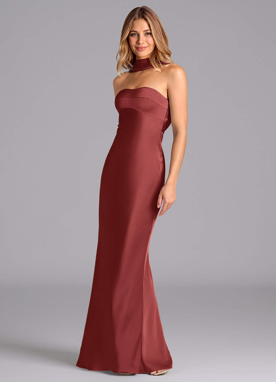 Lusinda Mermaid Strapless Stretch Satin Bridesmaid Dress in Terracotta