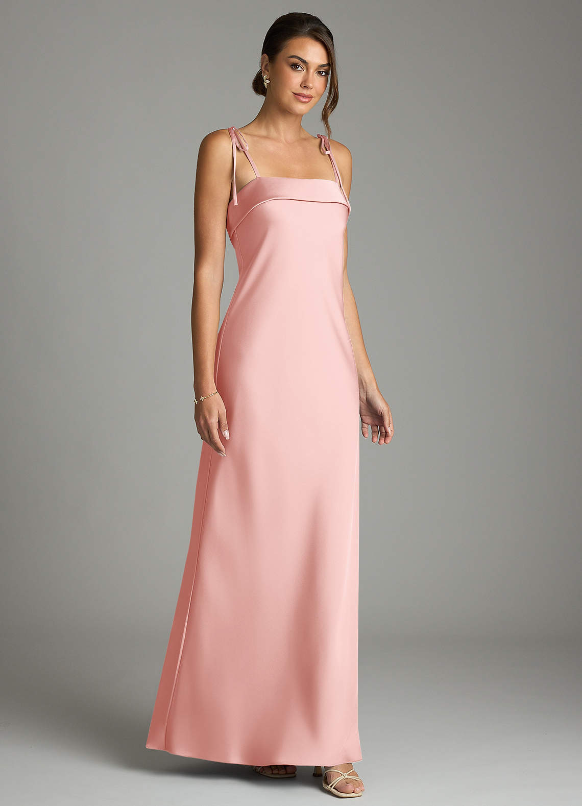 Ellia Sheath Straight-Neck Stretch Satin Bridesmaid Dress in Powder Pink