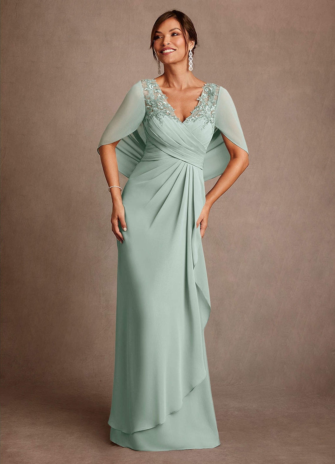 Santa Clara A-Line V-Neck Chiffon and Lace Mother of the Bride Dress in Agave