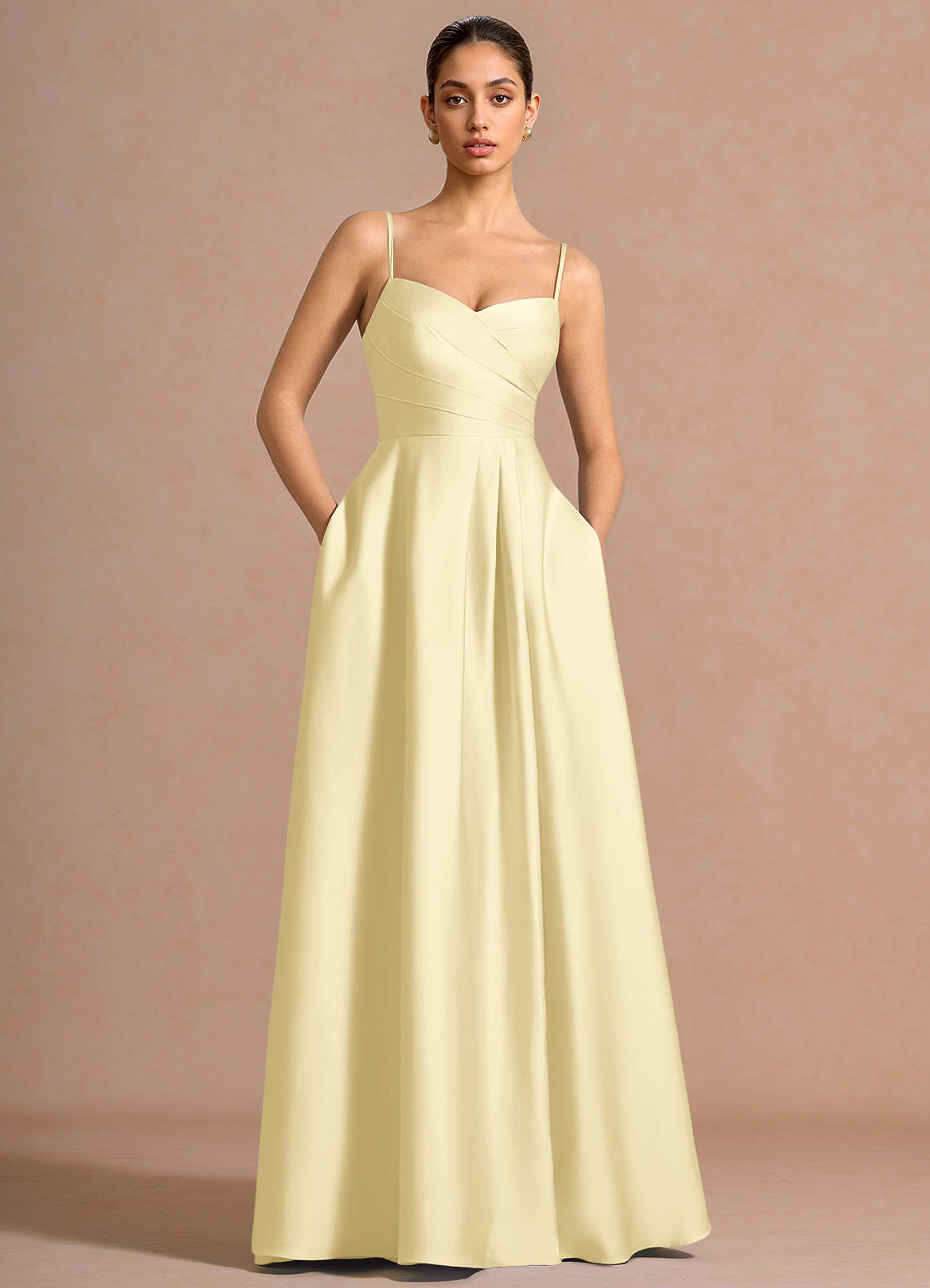 Nancy A-Line V-Neck Stretch Satin and Chiffon Evening Dress in Lemon Sorbet