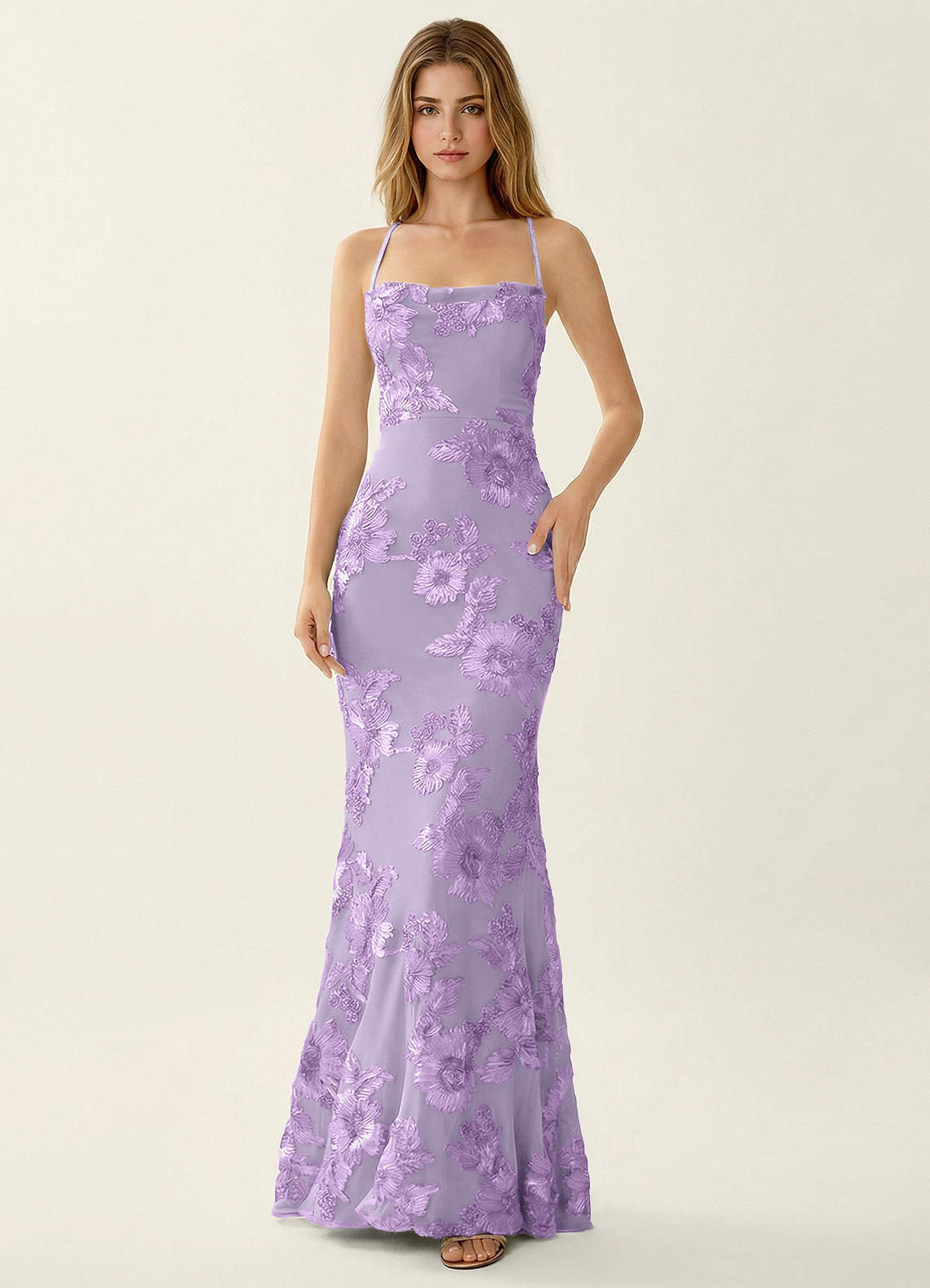 Kailani Mermaid Spaghetti-Strap Lace Evening Dress in Pale Purple