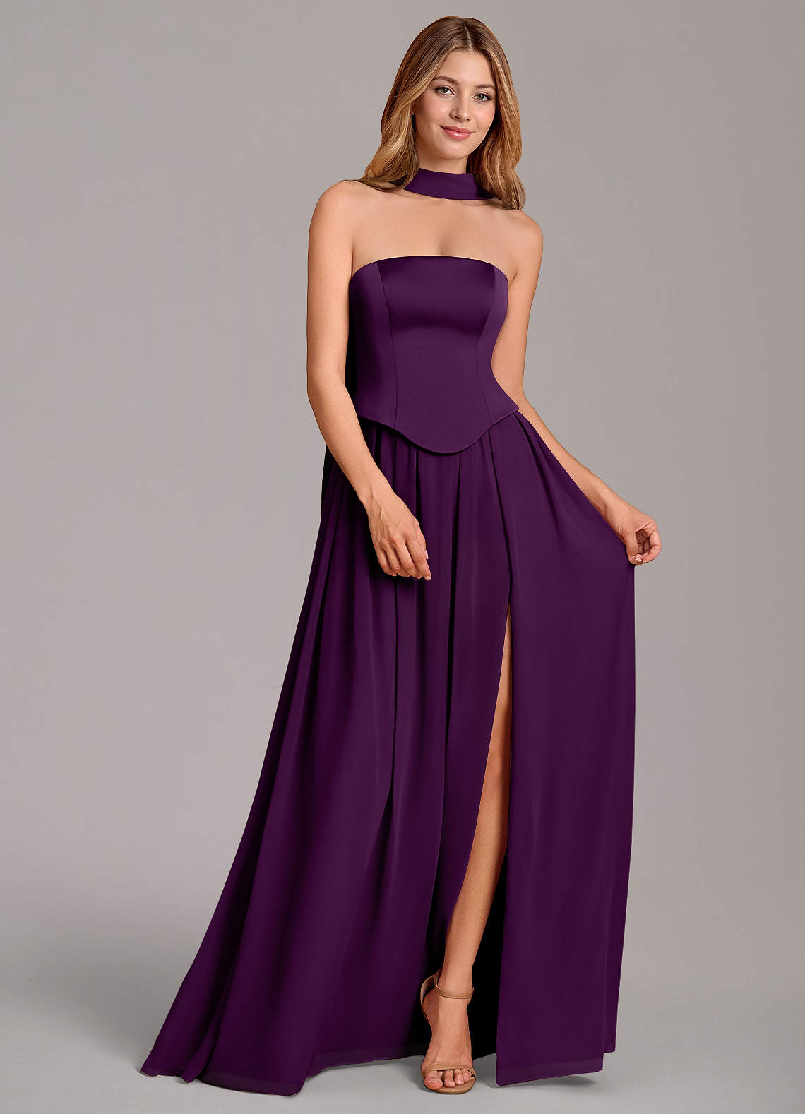 Cadence A-Line Strapless Chiffon and Stretch Satin Bridesmaid Dress in Grape