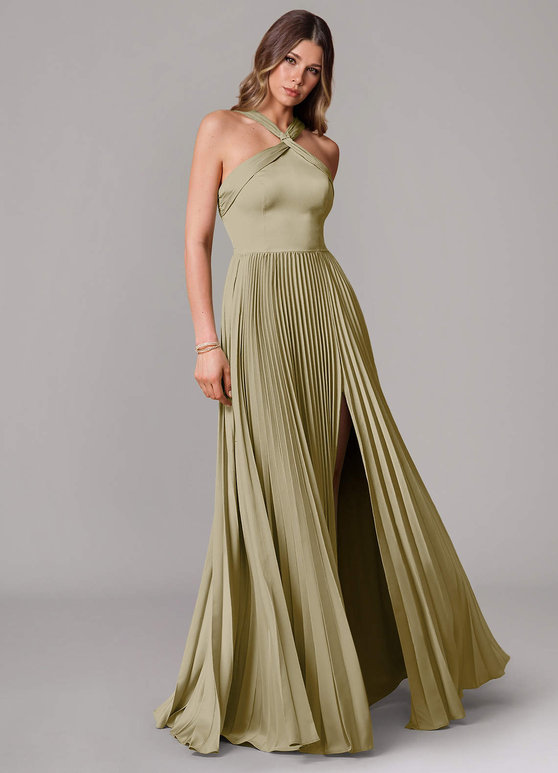 Afra A-Line Halter-Neck Stretch Satin Bridesmaid Dress in Moss Green