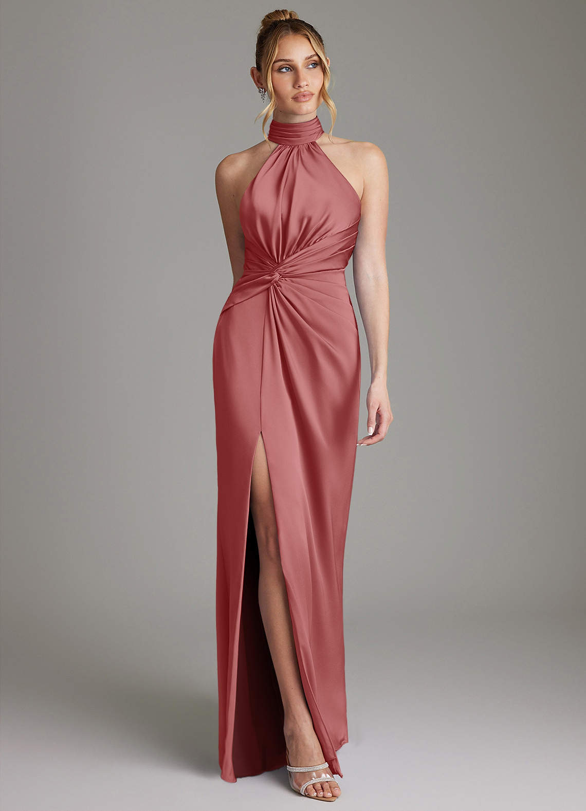Gracelynn Sheath Halter Stretch Satin Bridesmaid Dress in Antique Rose