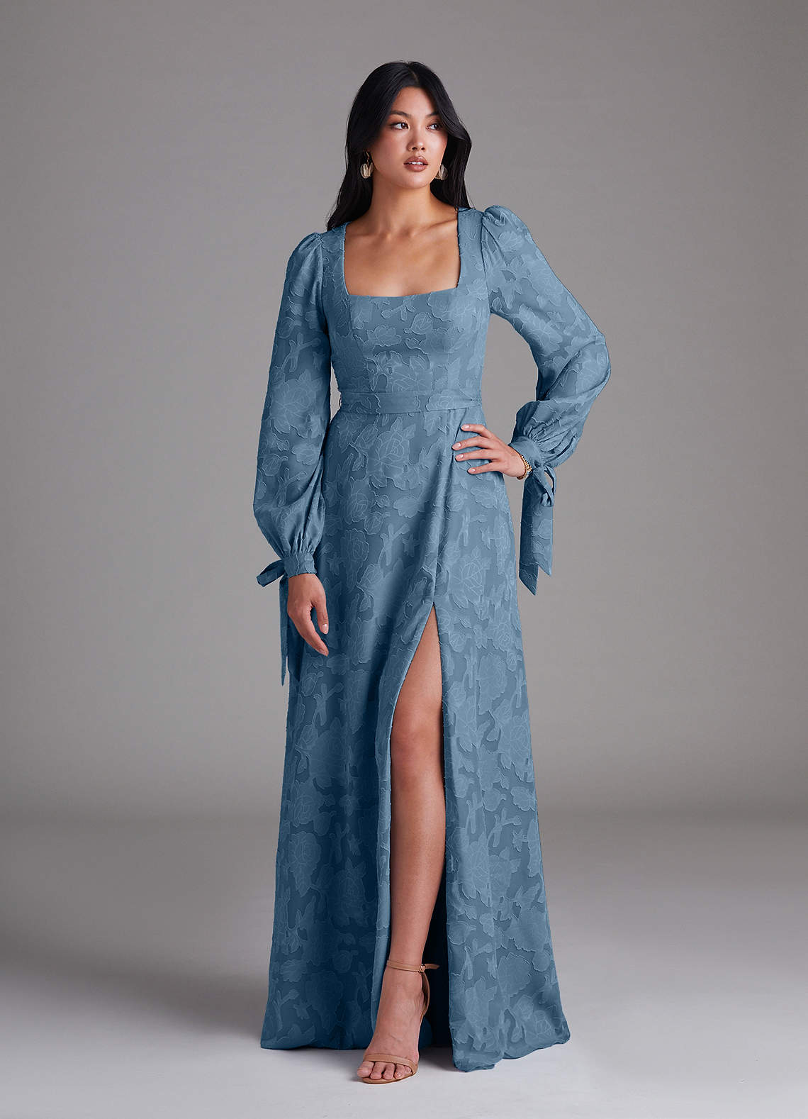 Leonia A-Line Square-Neck Stretch Satin Bridesmaid Dress in Steel Blue