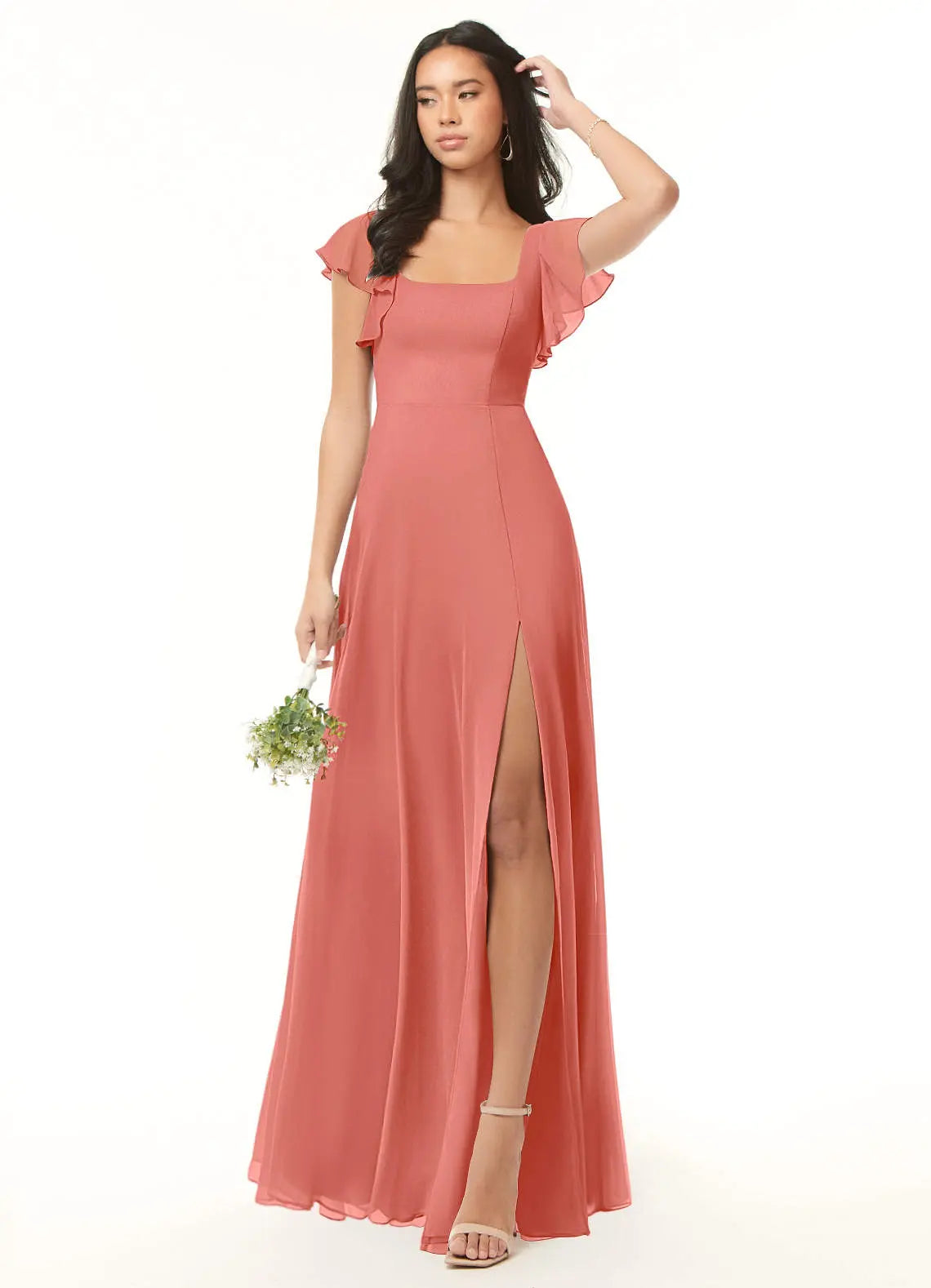 Bondi A-Line Square-Neck Chiffon Bridesmaid Dress in Salmon Pink