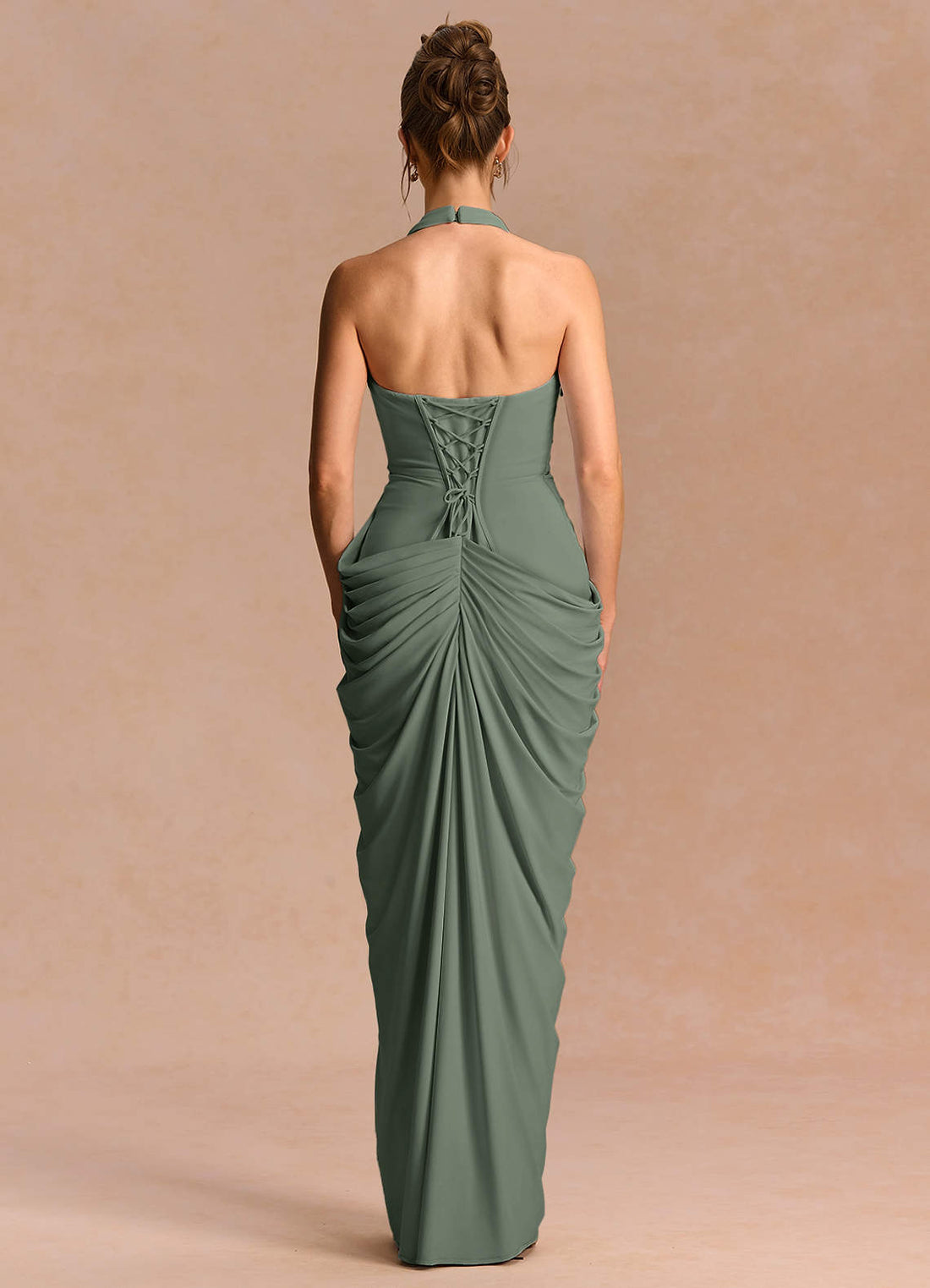 Aurelie Corset Ruched Jersey Satin Wedding Guest Dress in Light Green