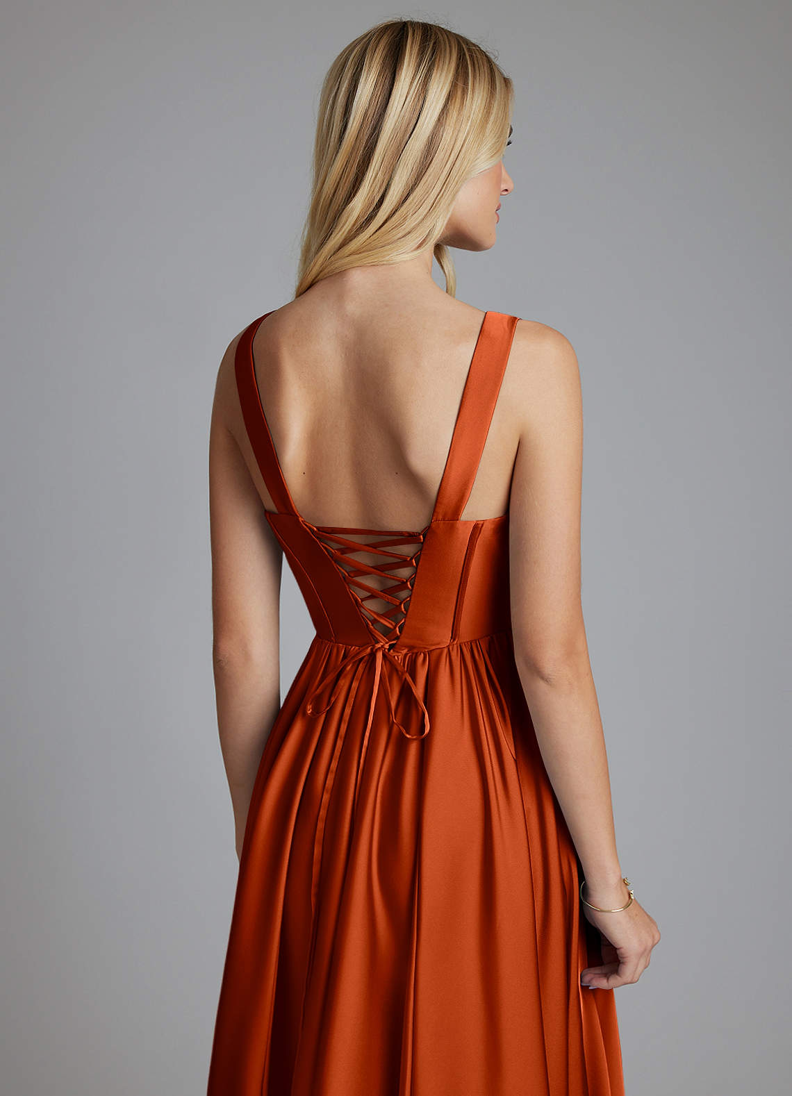 Delmie A-Line V-Neck Stretch Satin Bridesmaid Dress in Paprika
