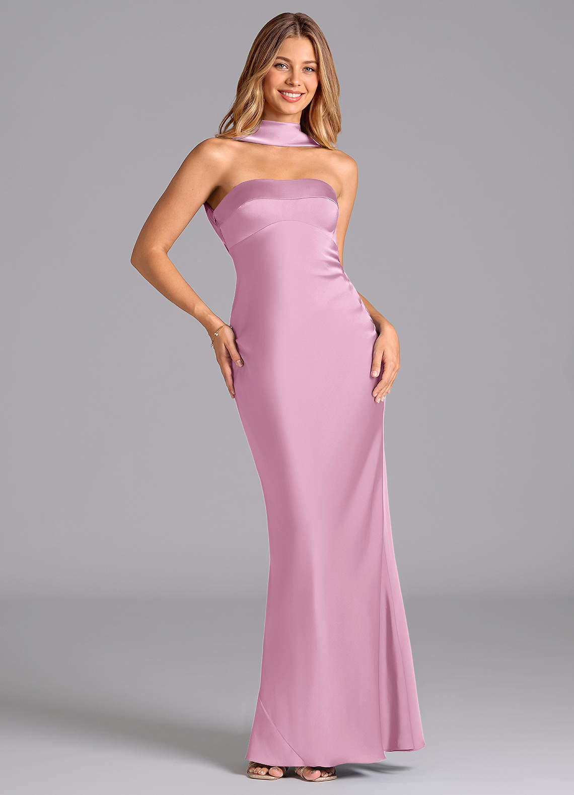Lusinda Mermaid Strapless Stretch Satin Bridesmaid Dress in candy pink