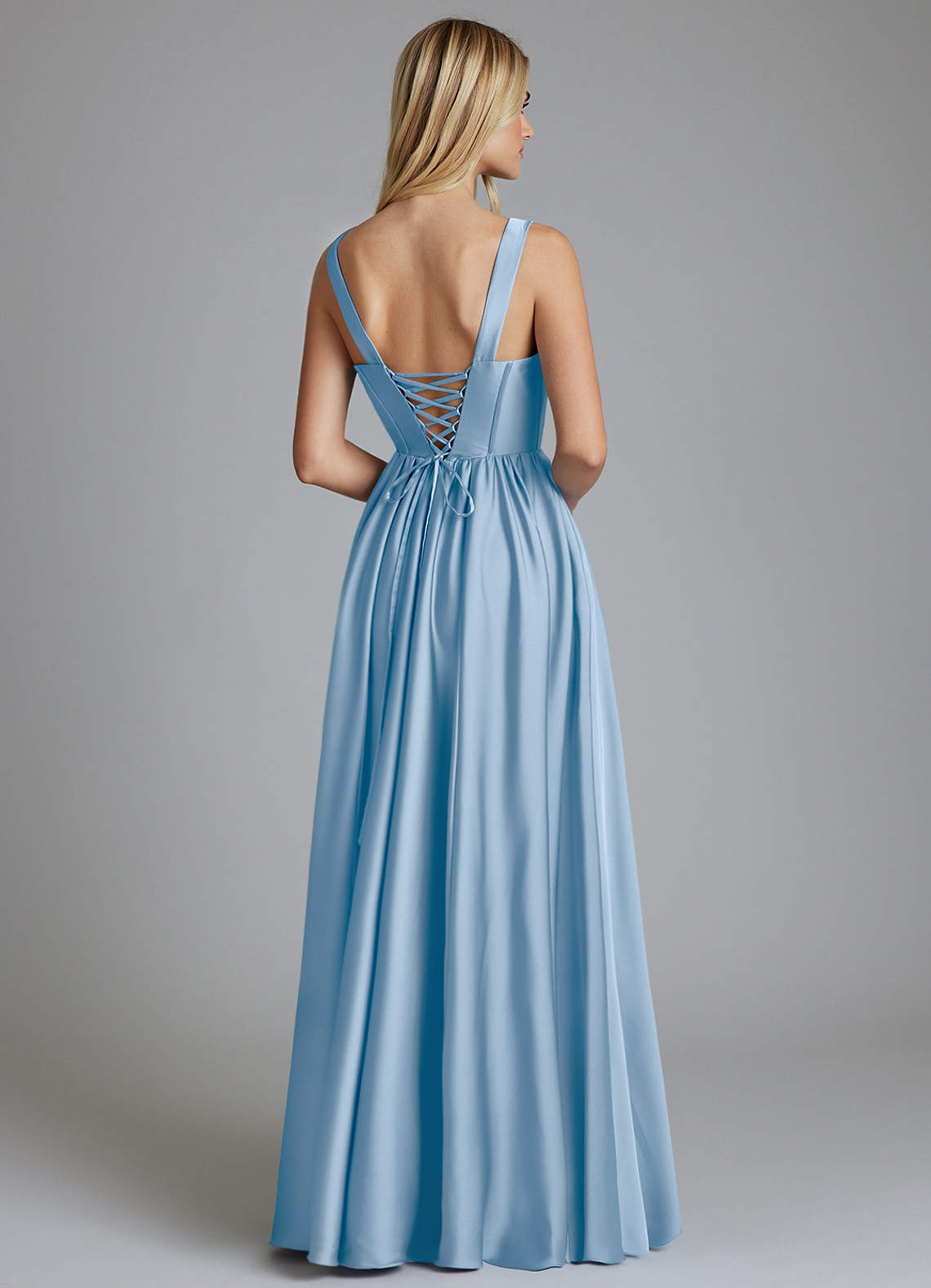 Delmie A-Line V-Neck Stretch Satin Bridesmaid Dress in Powder Blue