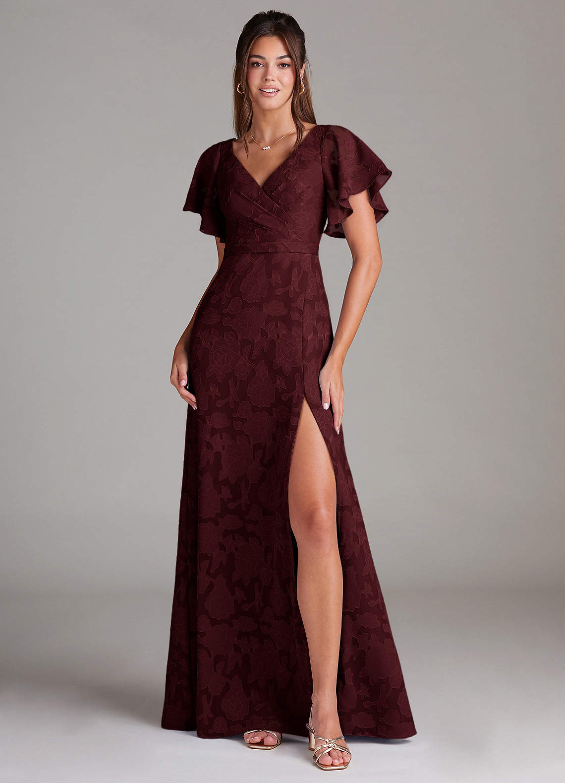 Ambrosia A-Line V-Neck Floral Burnout Bridesmaid Dress in Cabernet