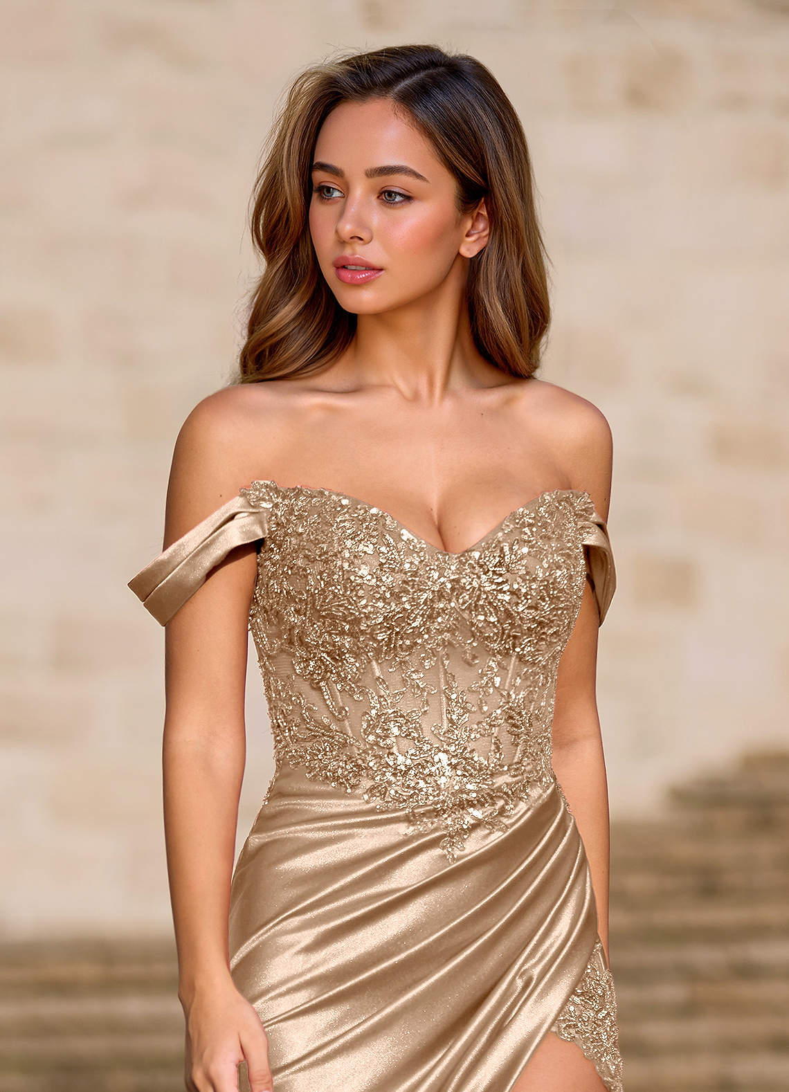 Opulence Mermaid Off-the-Shoulder Satin Evening Dress in champagne