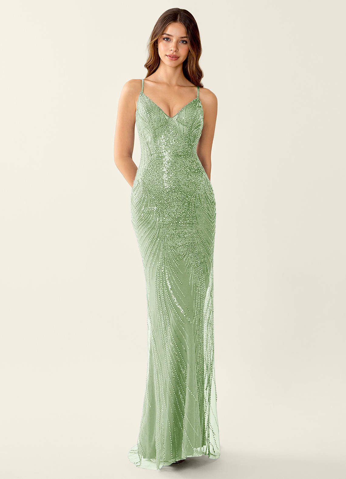 Magnolia Mermaid Beaded Sequined Stretch Mesh Evening Dress in Light Green
