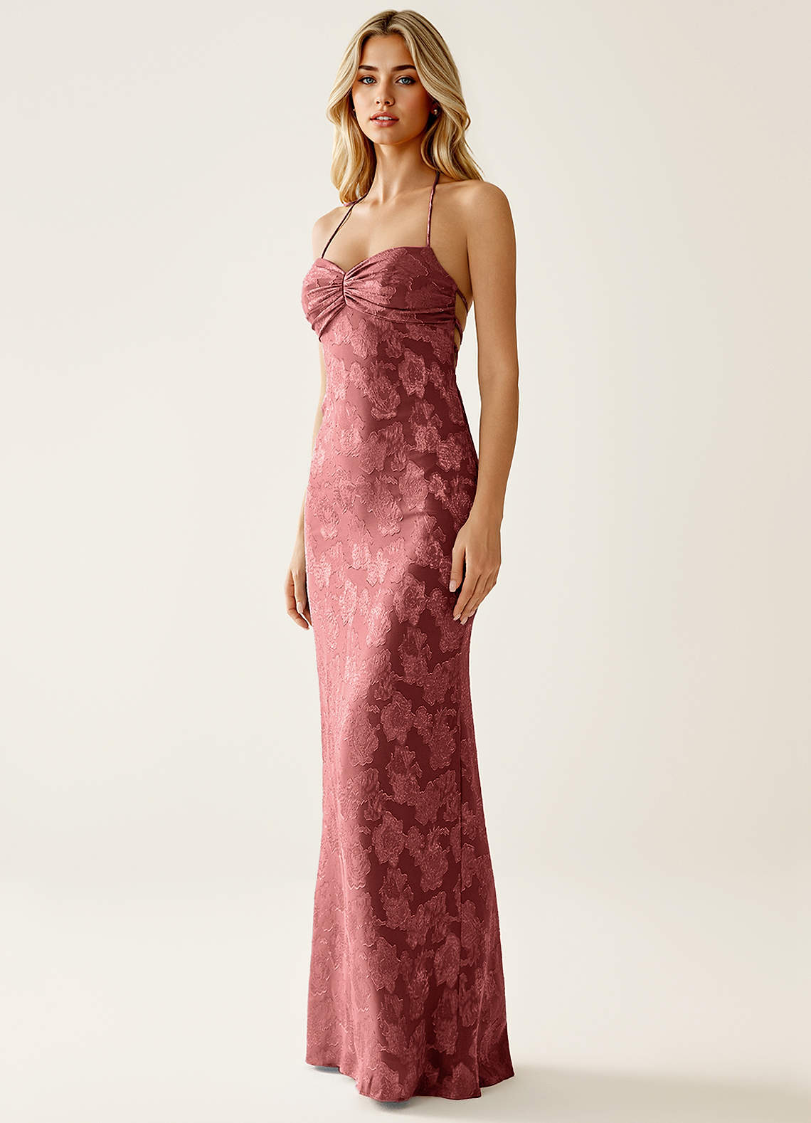Angena Sheath Halter Floral Burnout Evening Dress in Vintage Rose