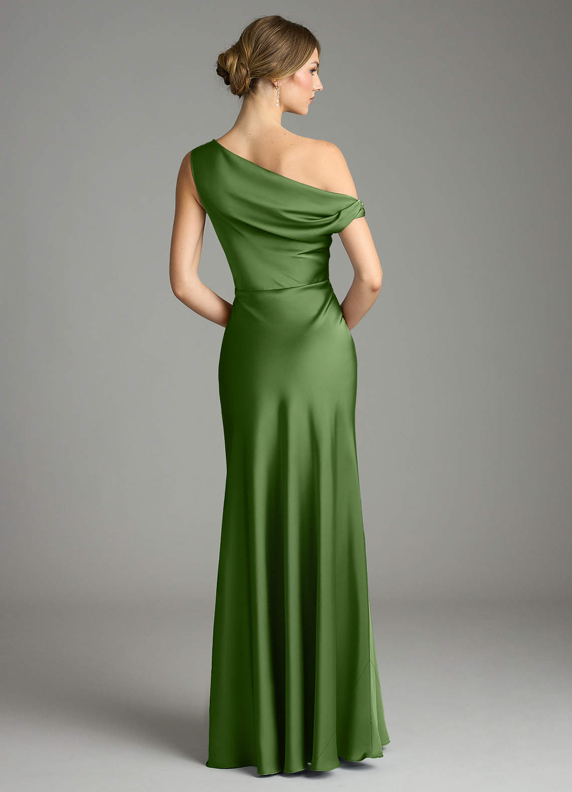 Emerson Mermaid One-Shoulder Stretch Satin Bridesmaid Dress in Basil