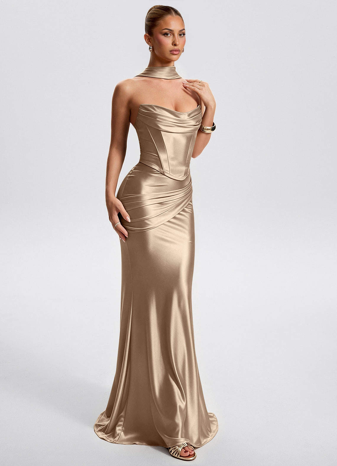 Fernley Mermaid Corset Stretch Satin Evening Dress in Champagne