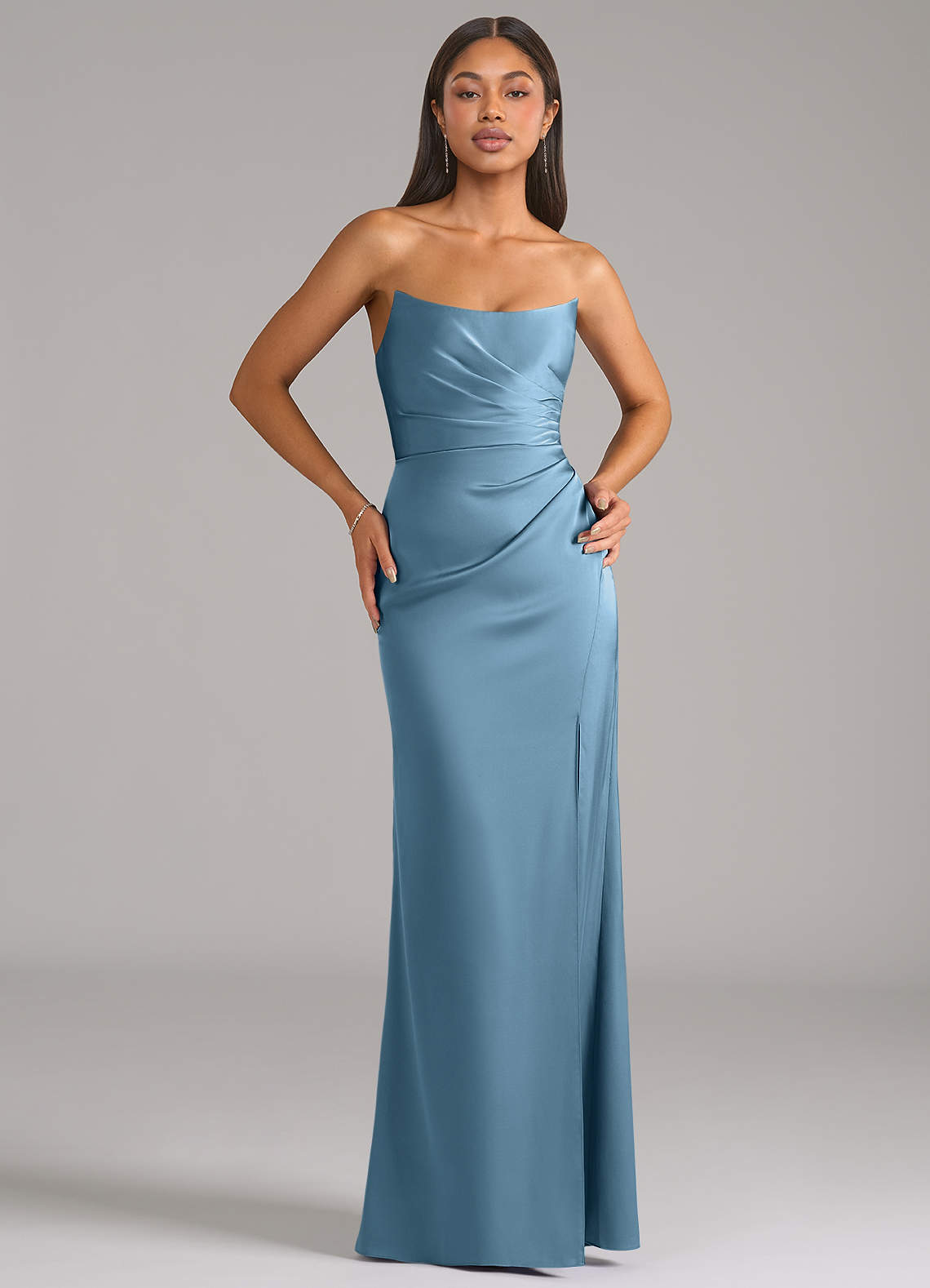 Marla Sheath Strapless Stretch Satin Bridesmaid Dress in Steel Blue