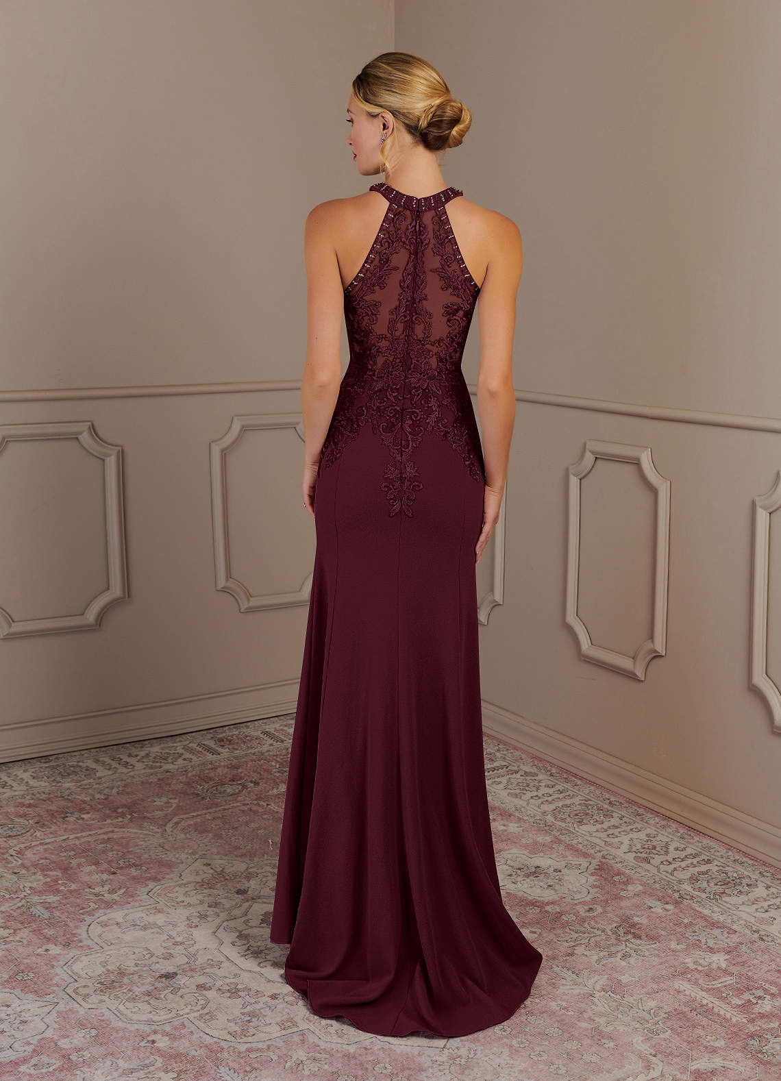 Tyra Mermaid Halter Tulle and Stretch Crepe Mother of the Bride Dress in Cabernet