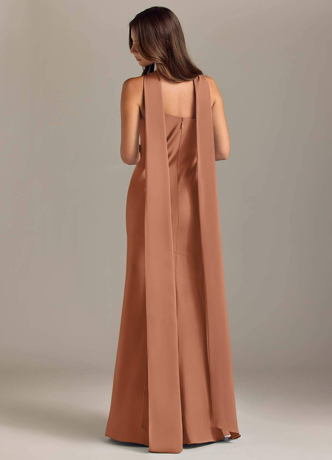 Kinsley Mermaid Halter Stretch Satin Bridesmaid Dress in Bronzer