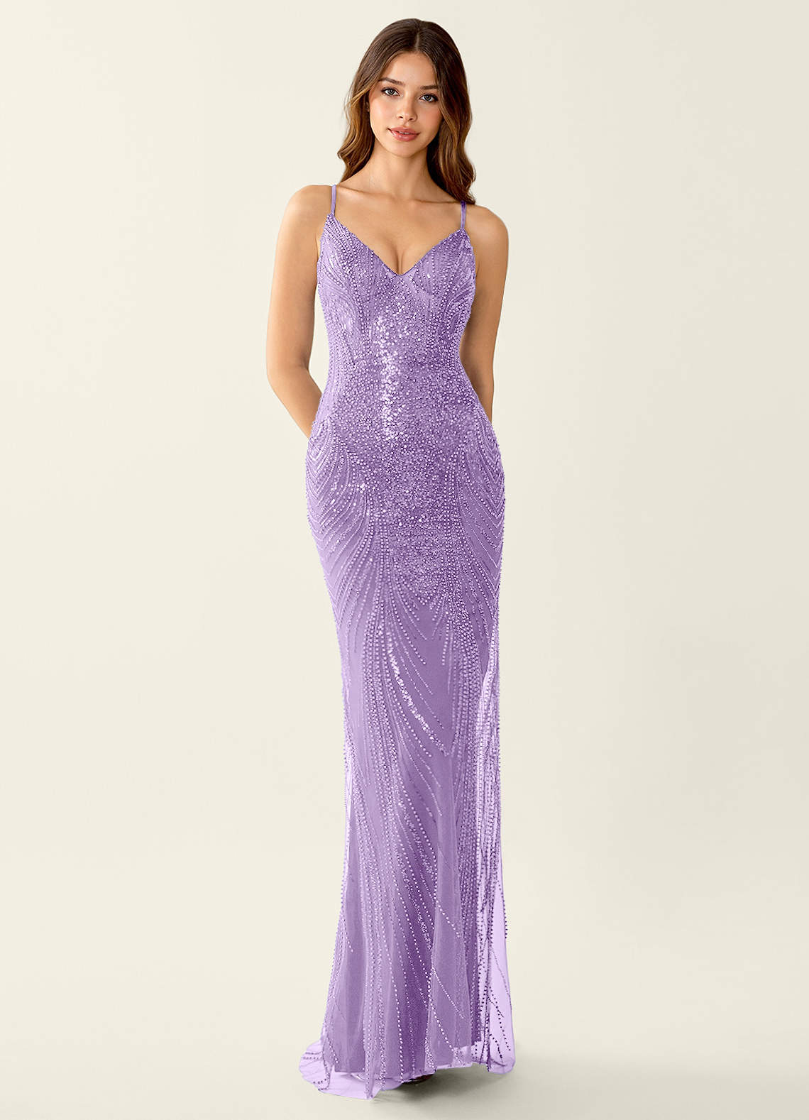 Magnolia Mermaid Beaded Sequined Stretch Mesh Evening Dress in Lilac