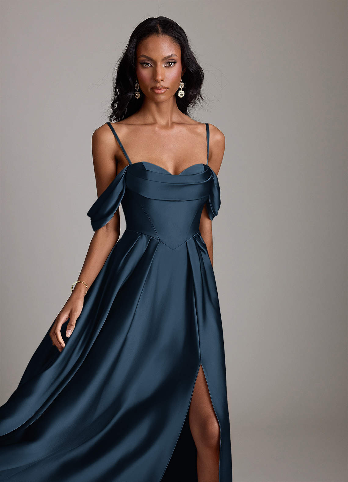 Loisa A-Line Off-the-Shoulder Stretch Satin Bridesmaid Dress in Dark Navy