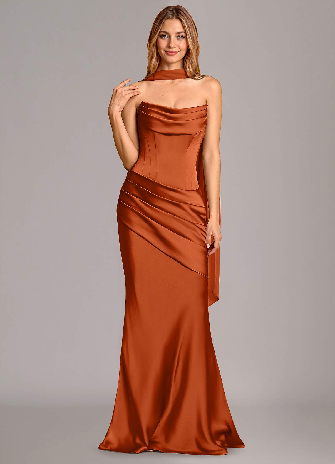 Pelagia Mermaid Cowl-Neck Stretch Satin Bridesmaid Dress in Burnt Orange