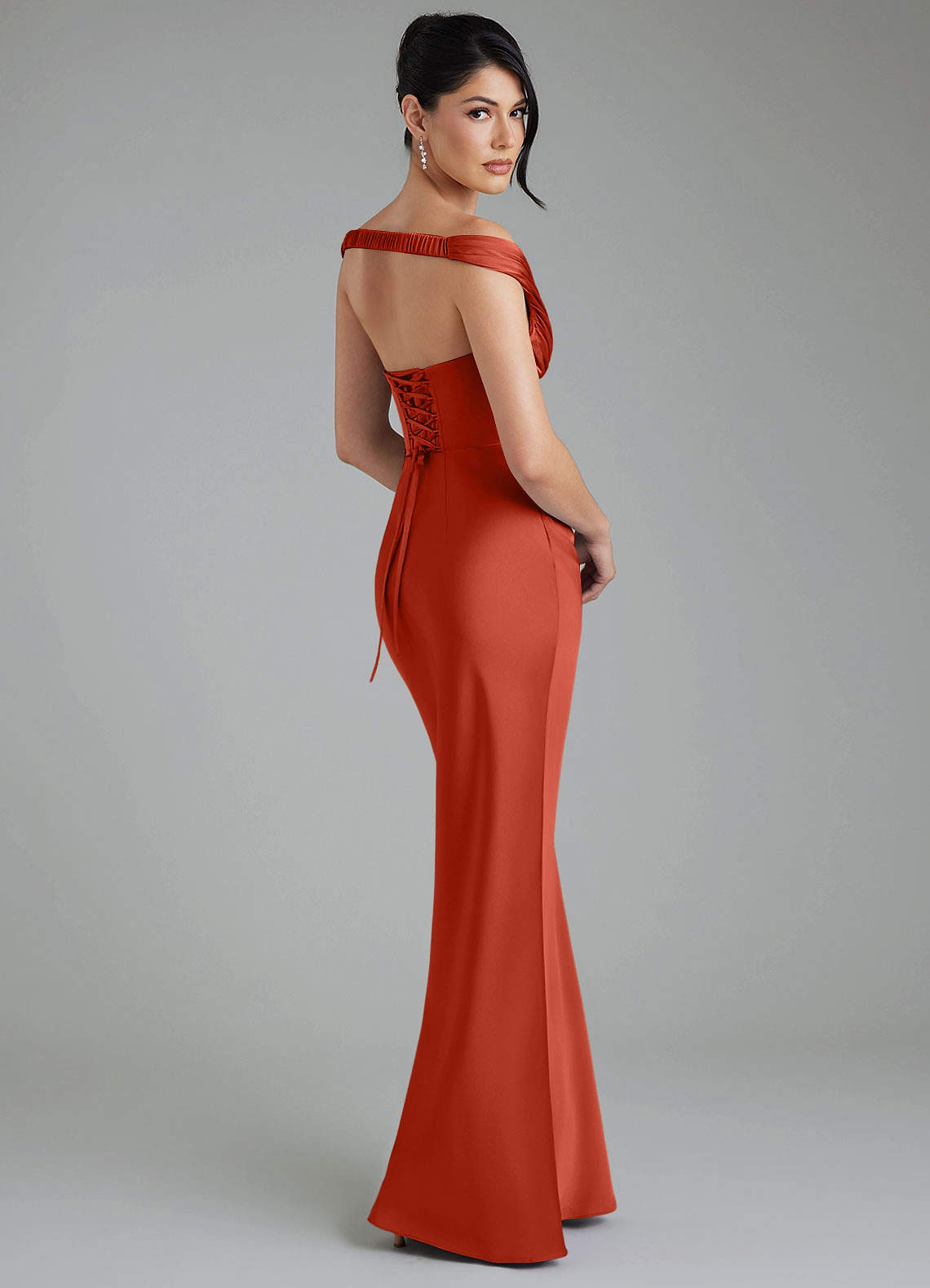 Stella Sheath V-Neck Stretch Satin Bridesmaid Dress in Rust