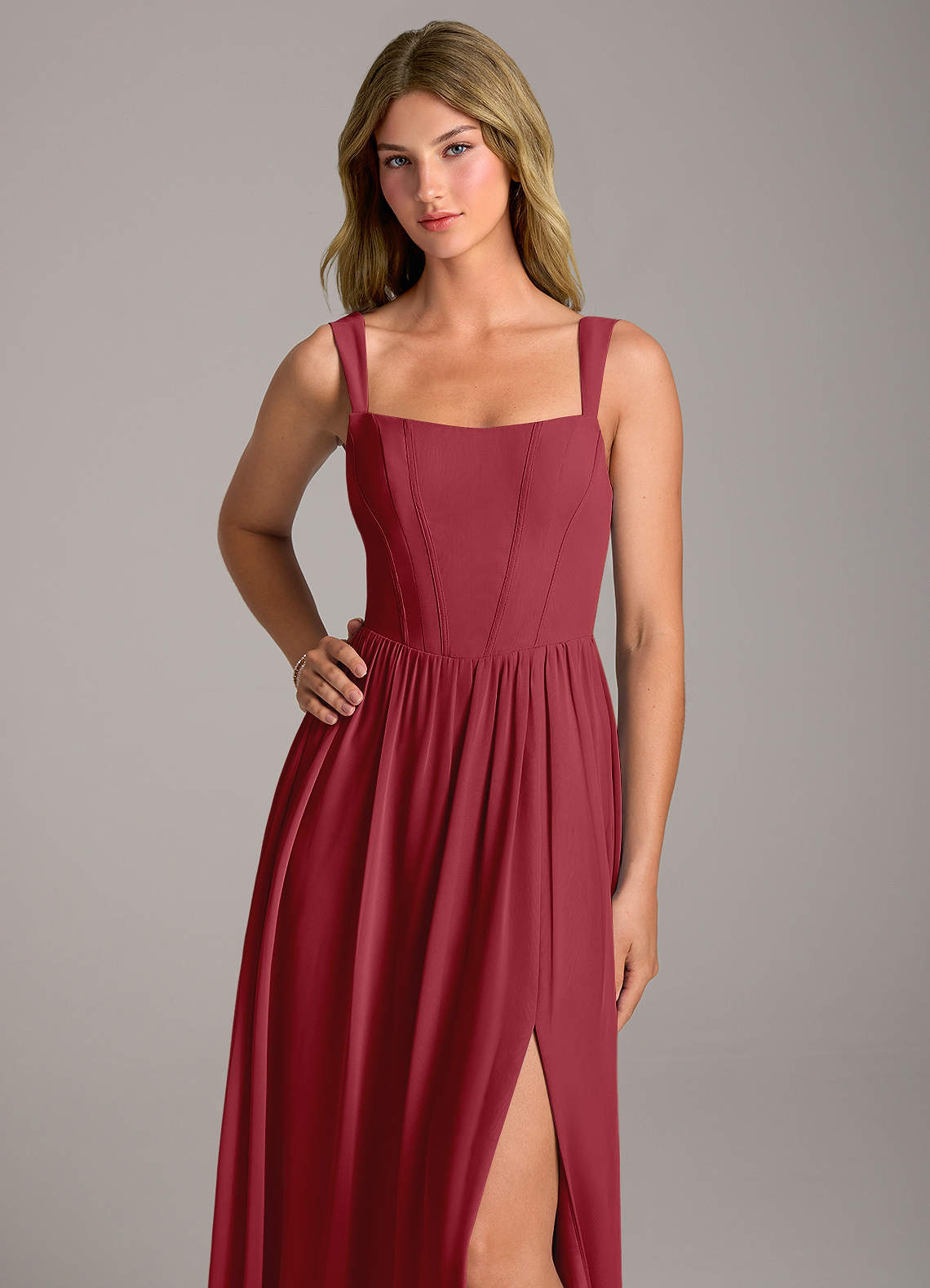 Rosaline A-Line Square-Neck Chiffon Bridesmaid Dress in Pomegranate