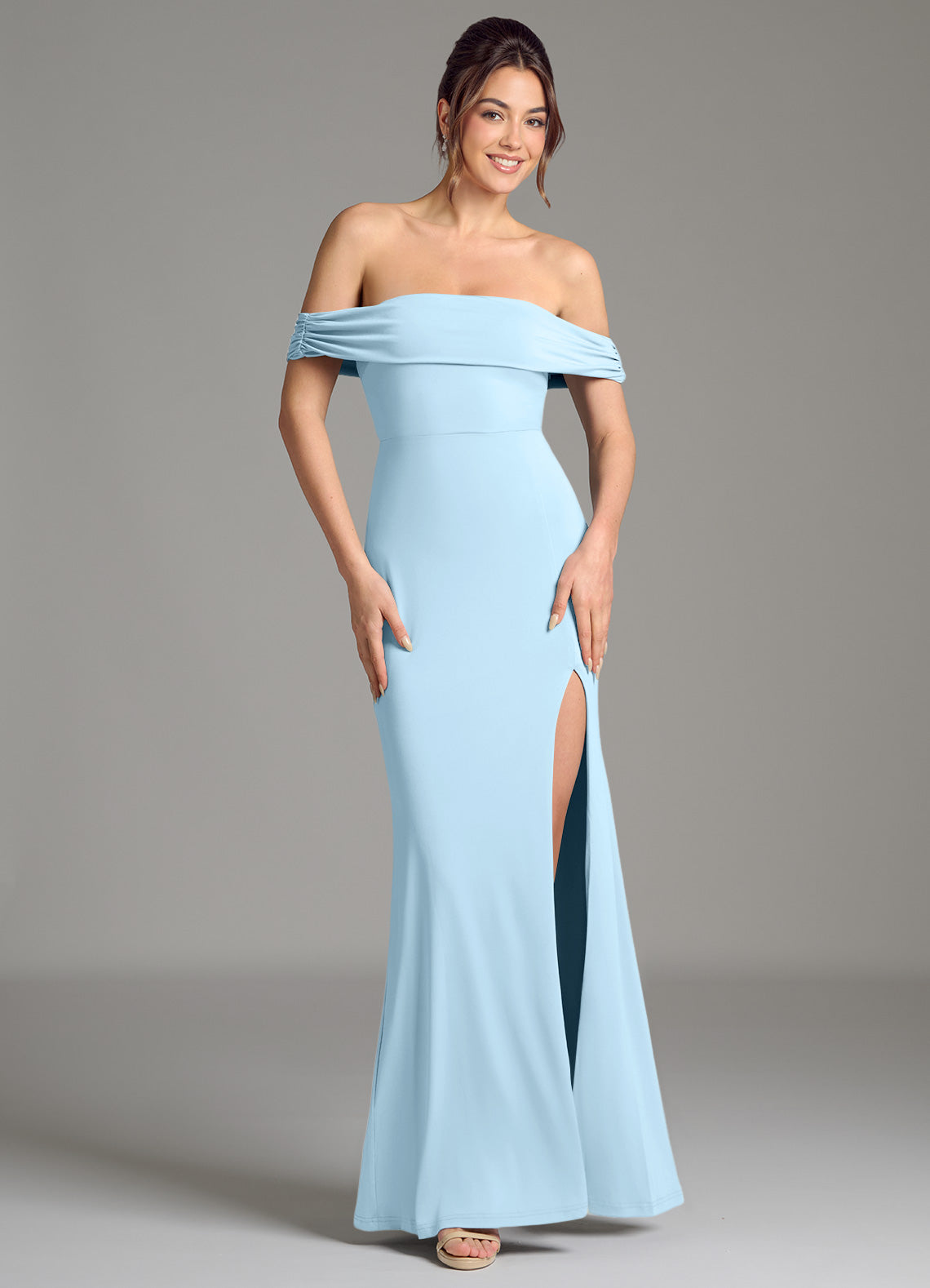 Evangelia Mermaid Off-the-Shoulder Stretch Jersey Bridesmaid Dress in Sky Blue - view 1