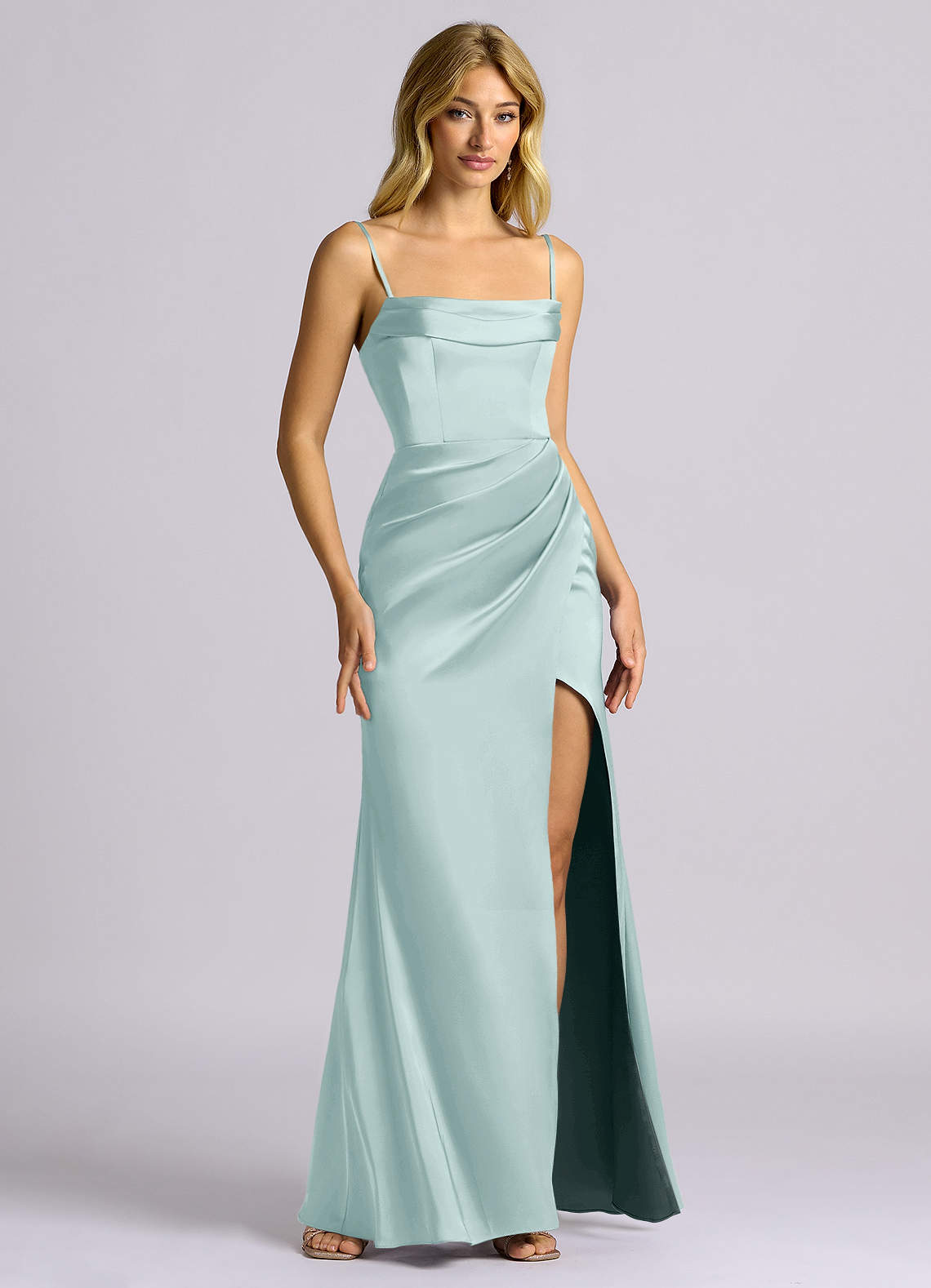 Auden Sheath Off-the-Shoulder Stretch Satin Bridesmaid Dress in Mist