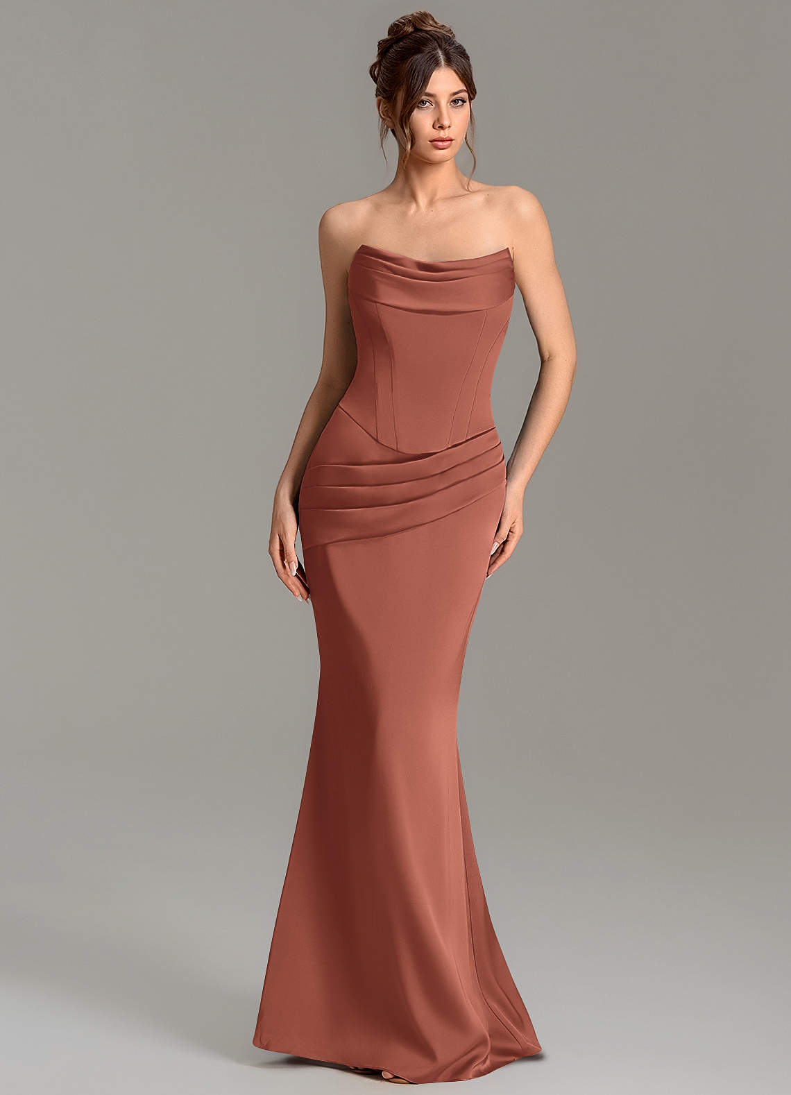 Adrienne Mermaid Cowl-Neck Stretch Satin Bridesmaid Dress in Auburn