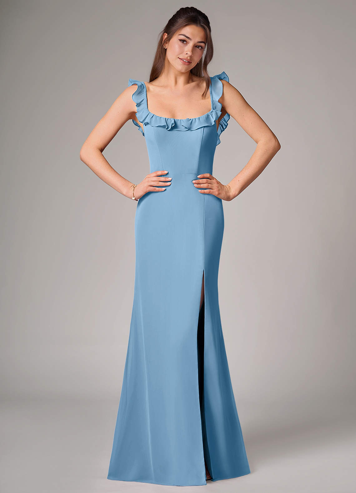 Callie Mermaid Scoop-Neck Chiffon Bridesmaid Dress in Steel Blue