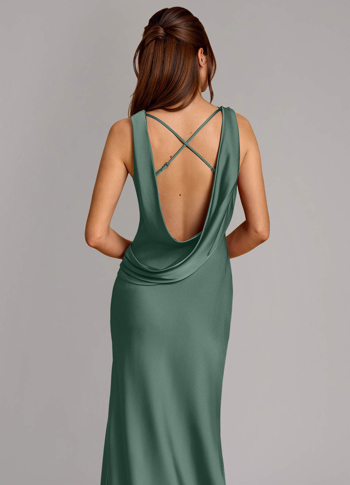 Cheryl Mermaid Cowl-Neck Stretch Satin Bridesmaid Dress in Eucalyptus
