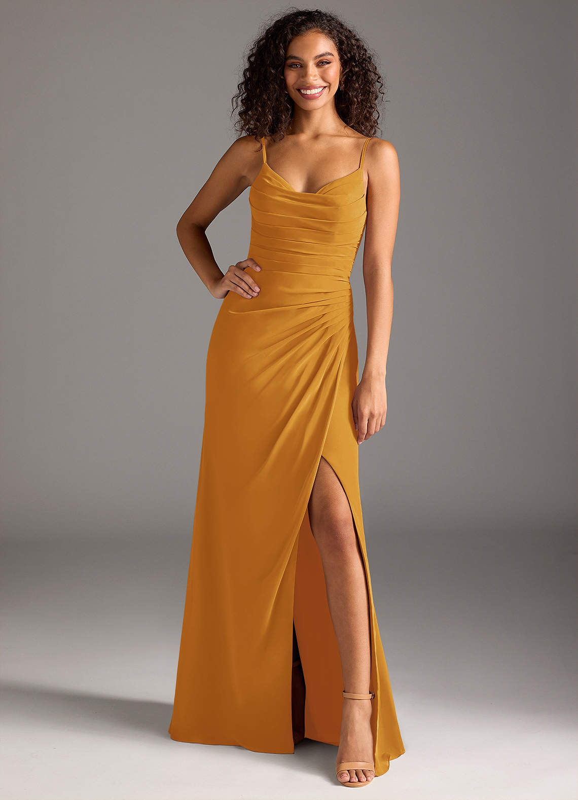 Deandra Mermaid Cowl-Neck Chiffon Bridesmaid Dress in butterscotch