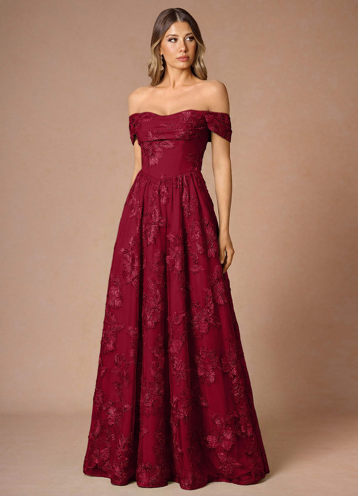 Hazel A-Line Cowl-Neck Floral Mesh Wedding Guest Dress in Burgundy