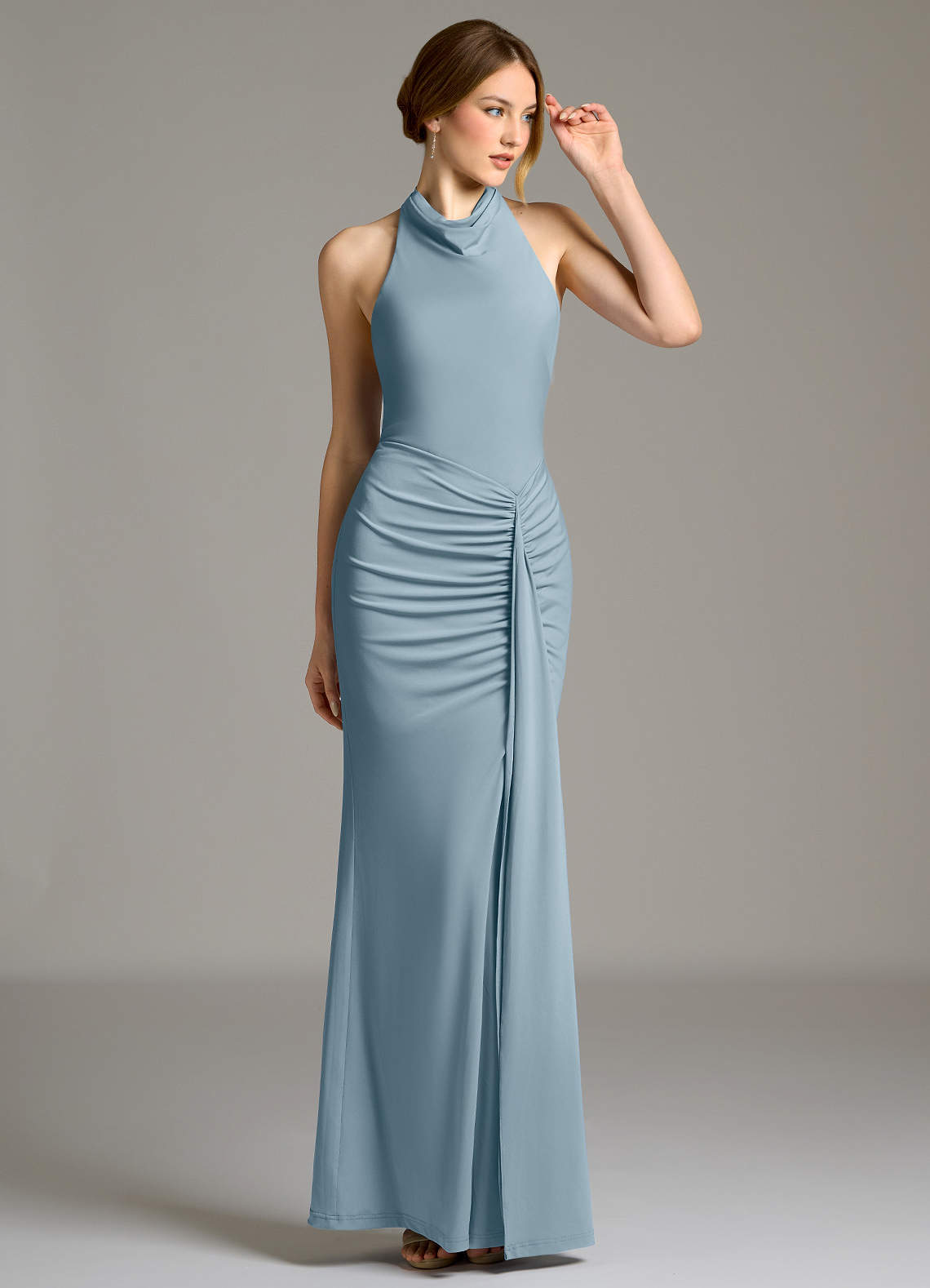 Raevynn Mermaid Halter Stretch Jersey Bridesmaid Dress in dusty blue