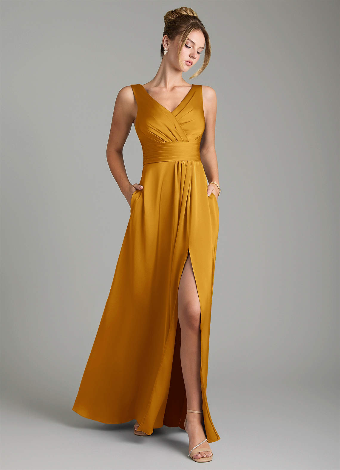 Karina A-Line V-Neck Stretch Satin Bridesmaid Dress in butterscotch