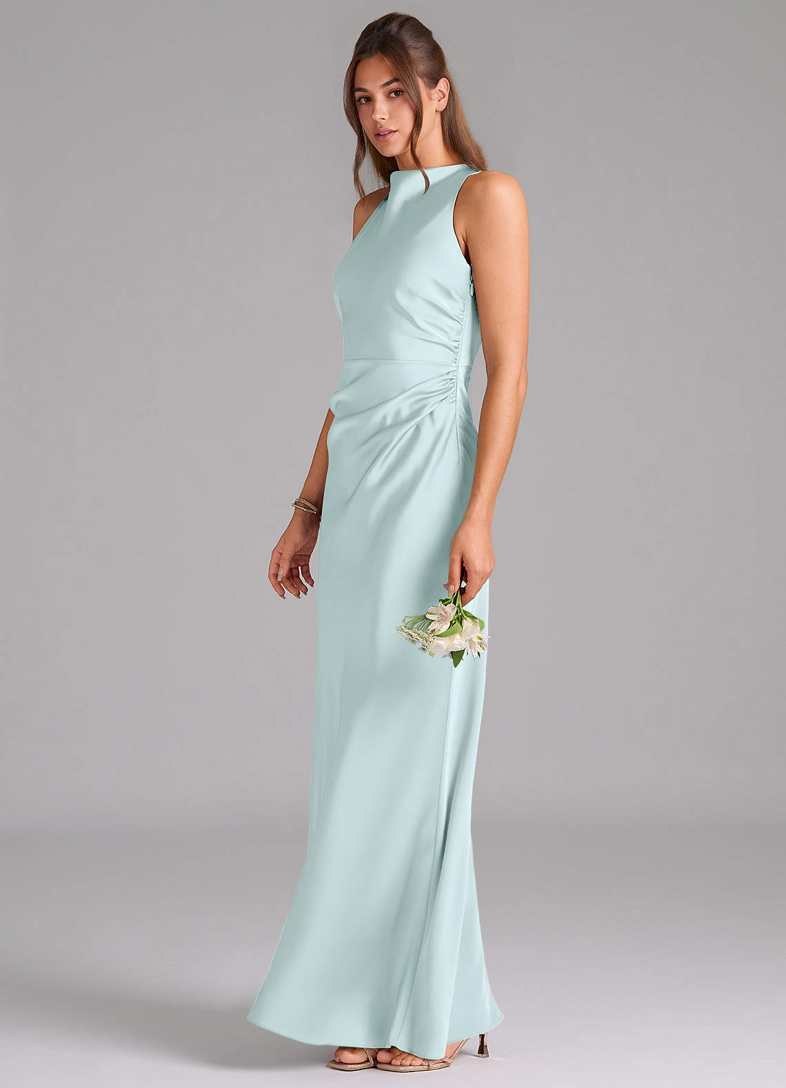 Evadne Sheath Scoop-Neck Stretch Satin Bridesmaid Dress in Sea Glass