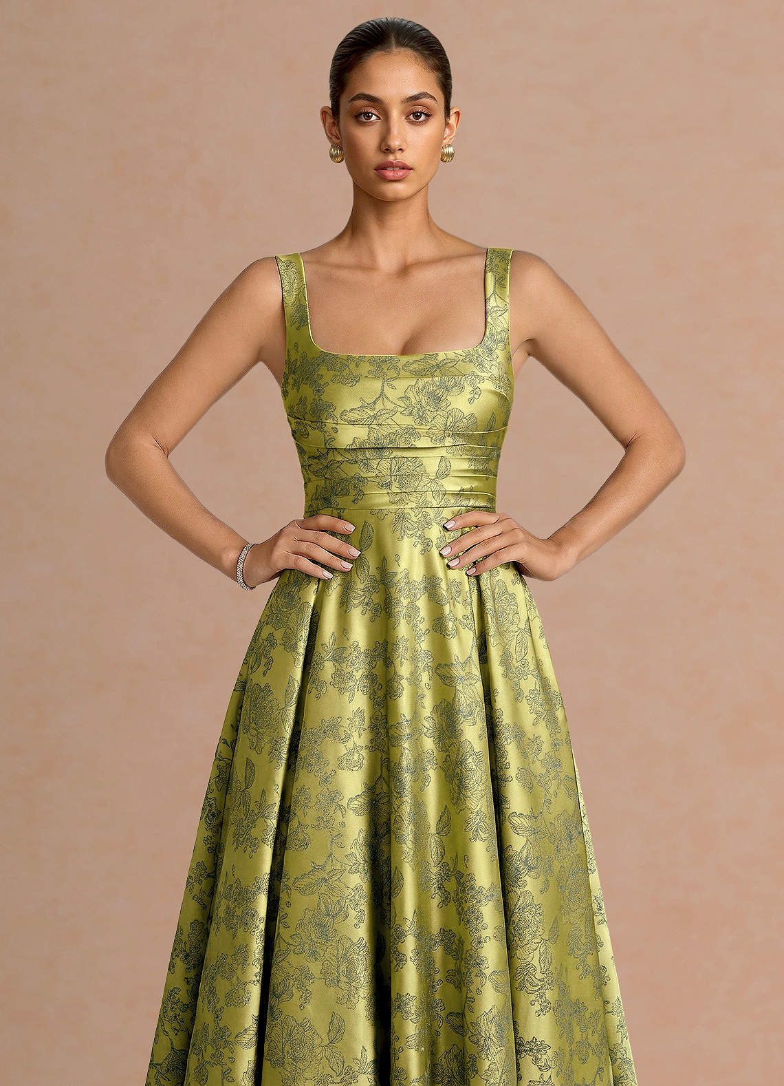 Azaria A-Line Square-Neck Jacquard Evening Dress in Moss Navy