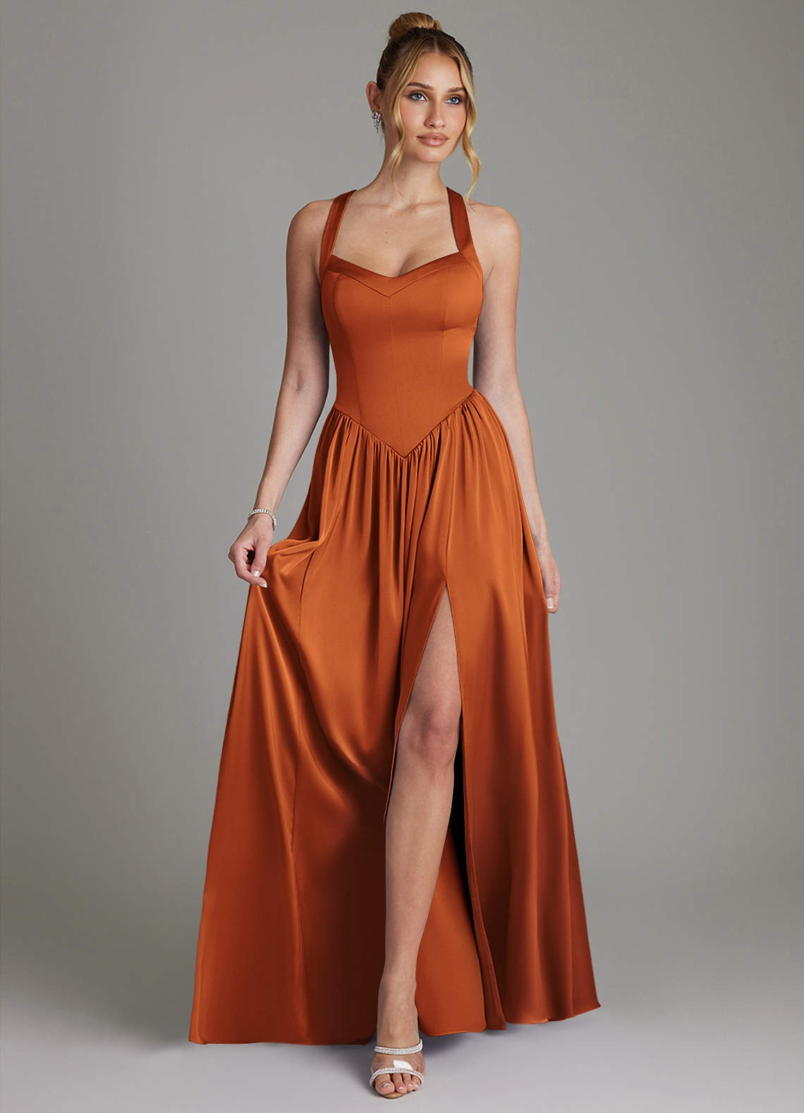 Francis A-Line V-Neck Stretch Satin Bridesmaid Dress in Cinnamon