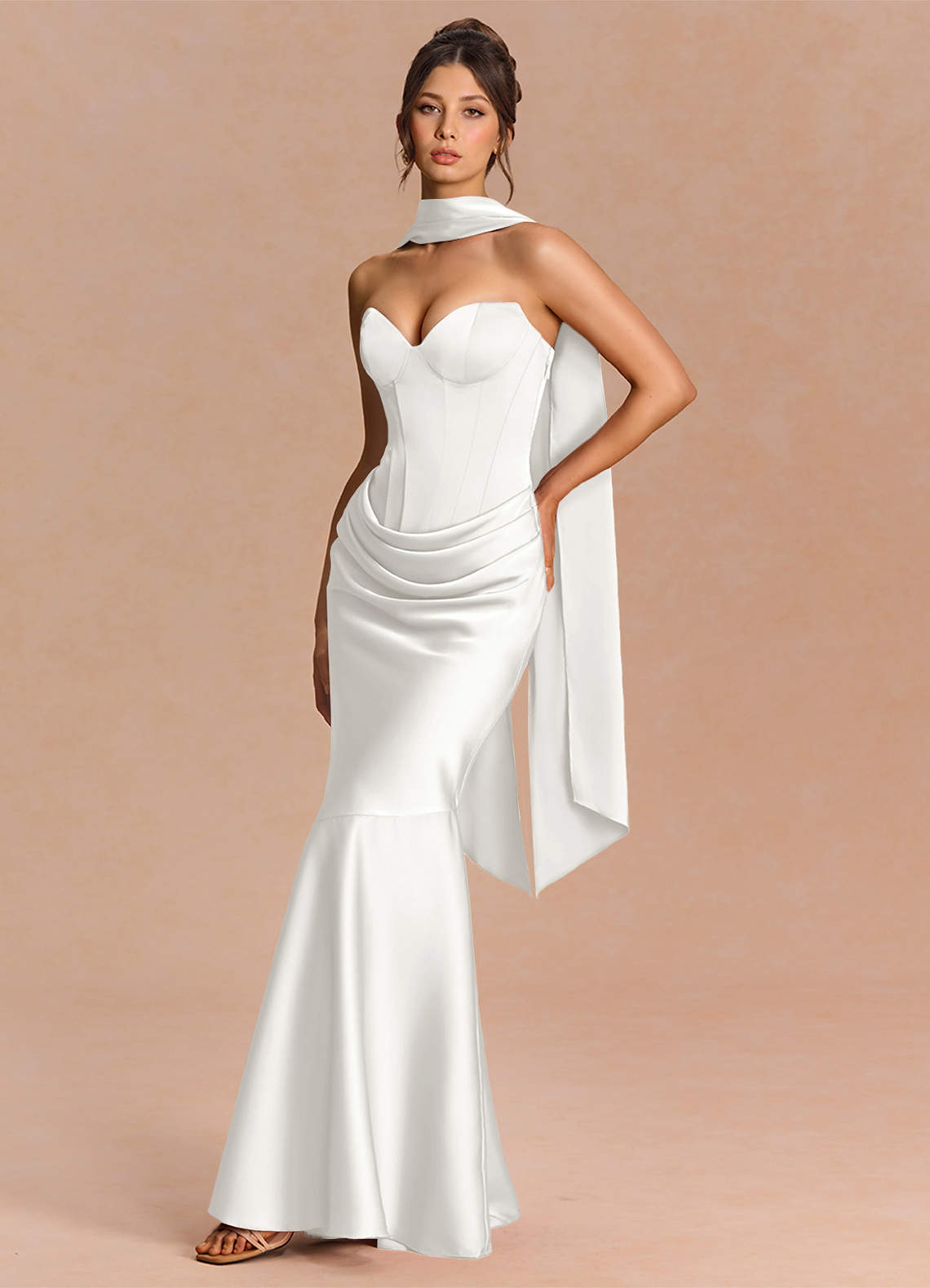 Euphemia Mermaid Strapless Stretch Satin Evening Dress in White