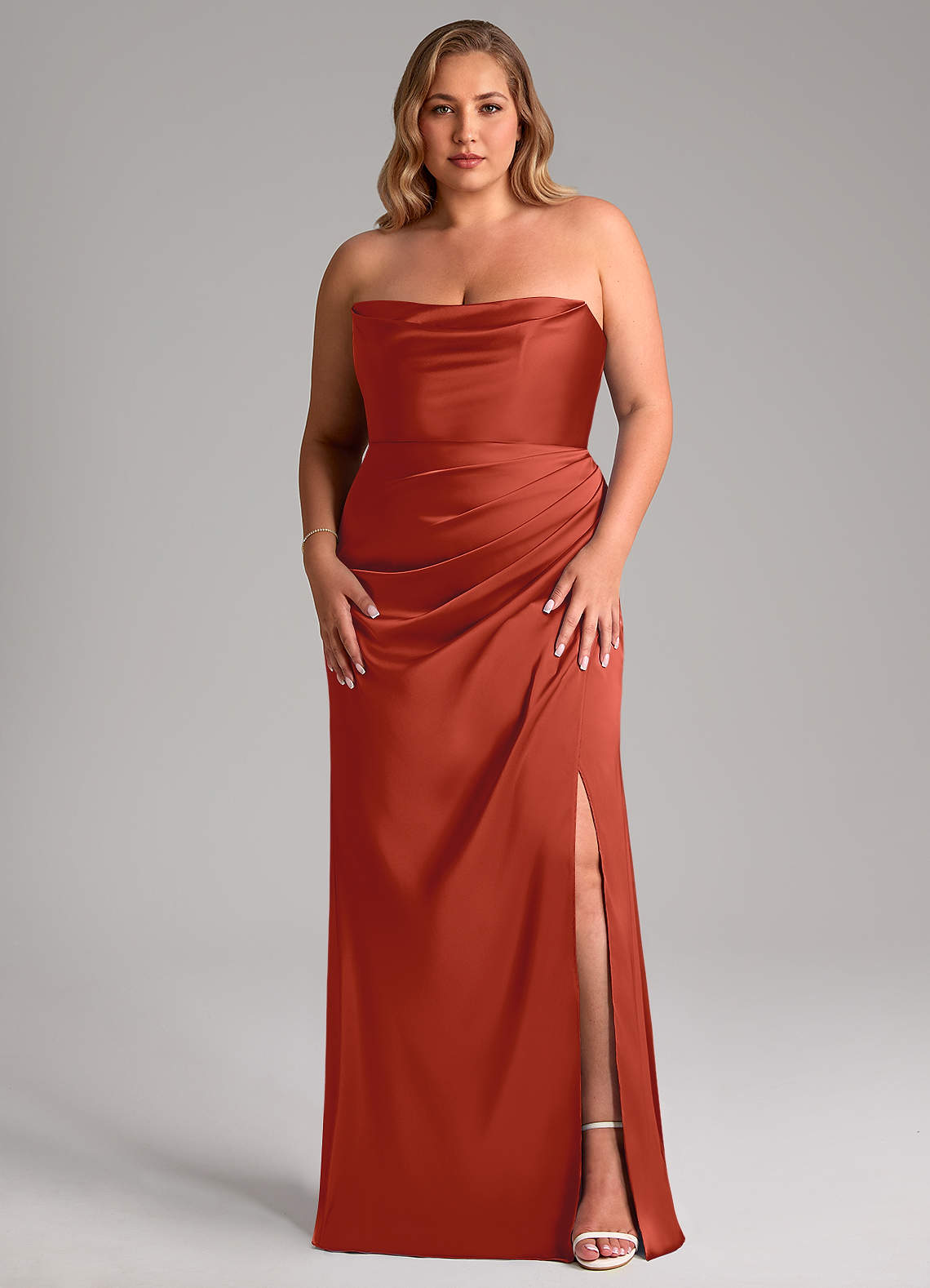 Leonis Mermaid Cowl-Neck Stretch Satin Bridesmaid Dress in Rust