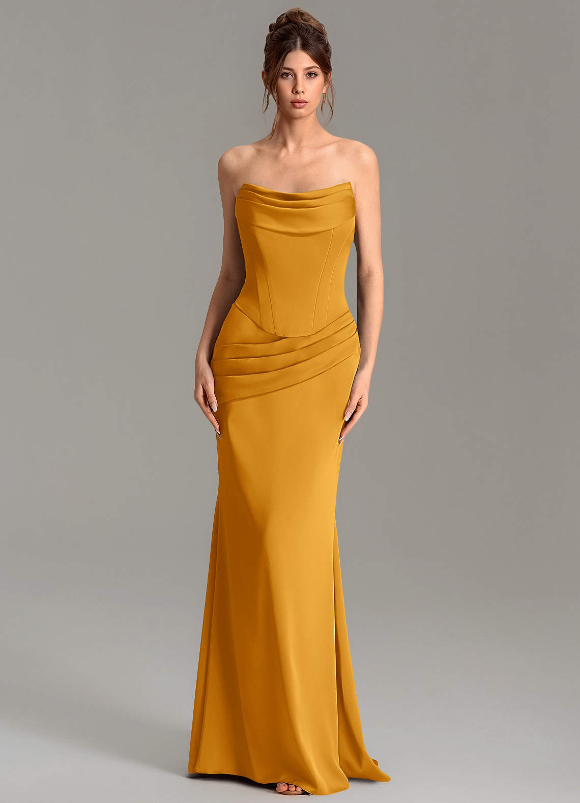 Adrienne Mermaid Cowl-Neck Stretch Satin Bridesmaid Dress in butterscotch