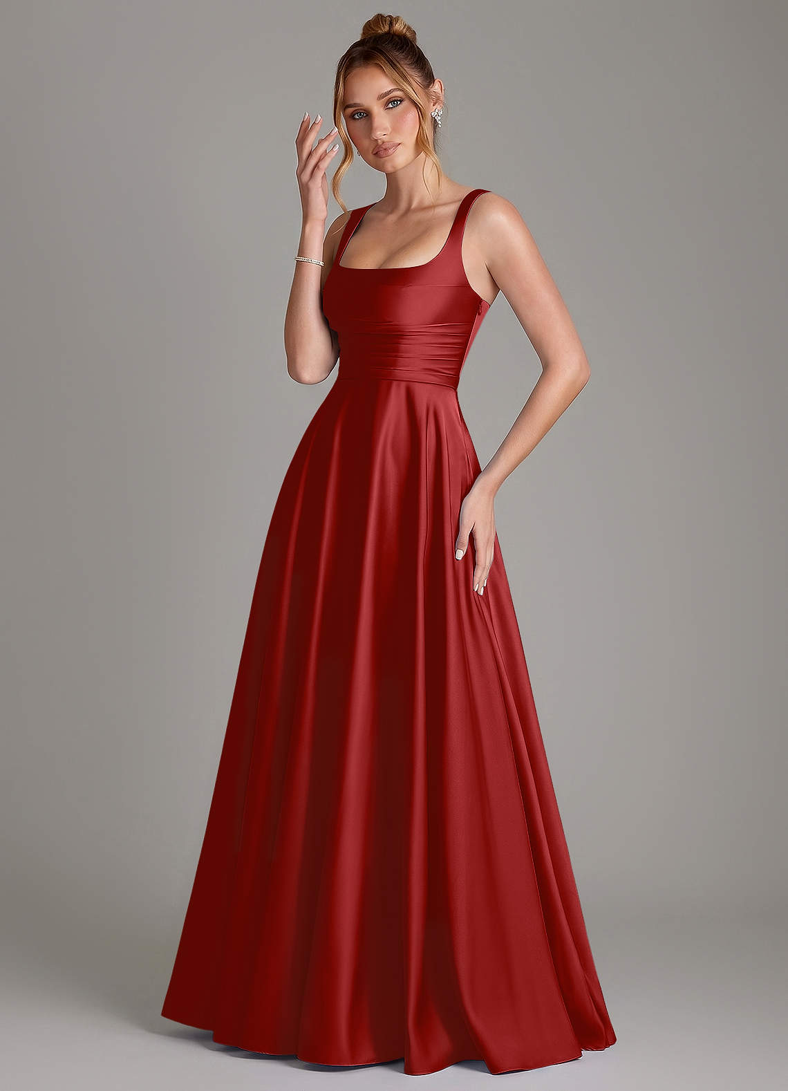 Azaria A-Line Square-Neck Stretch Satin Bridesmaid Dress in Pomegranate