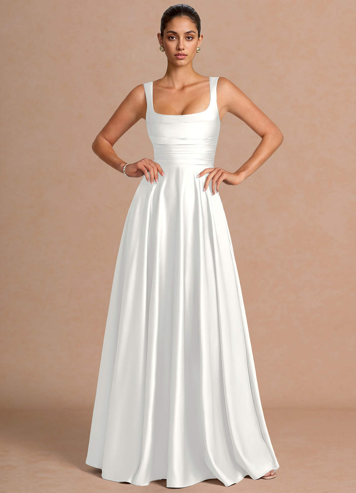 Azaria A-Line Square-Neck Stretch Satin Wedding Guest Dress in White