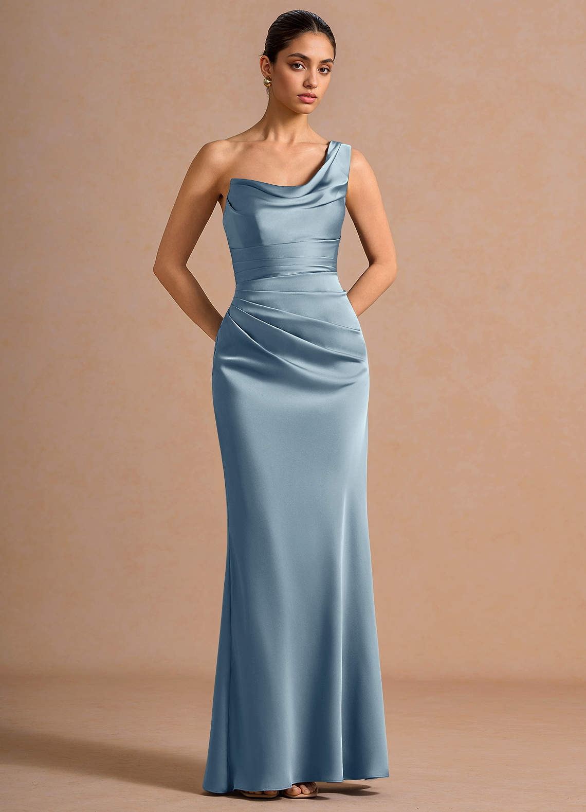 Cassiopeia One-Shoulder Draped Stretch Satin Evening Dress in Lemon Green