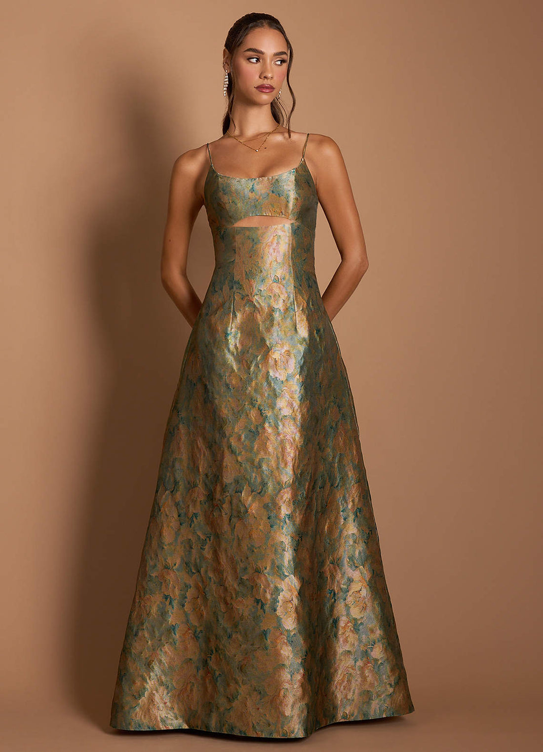 Dova A-Line Scoop-Neck Brocade Evening Dress in Vintage Teal