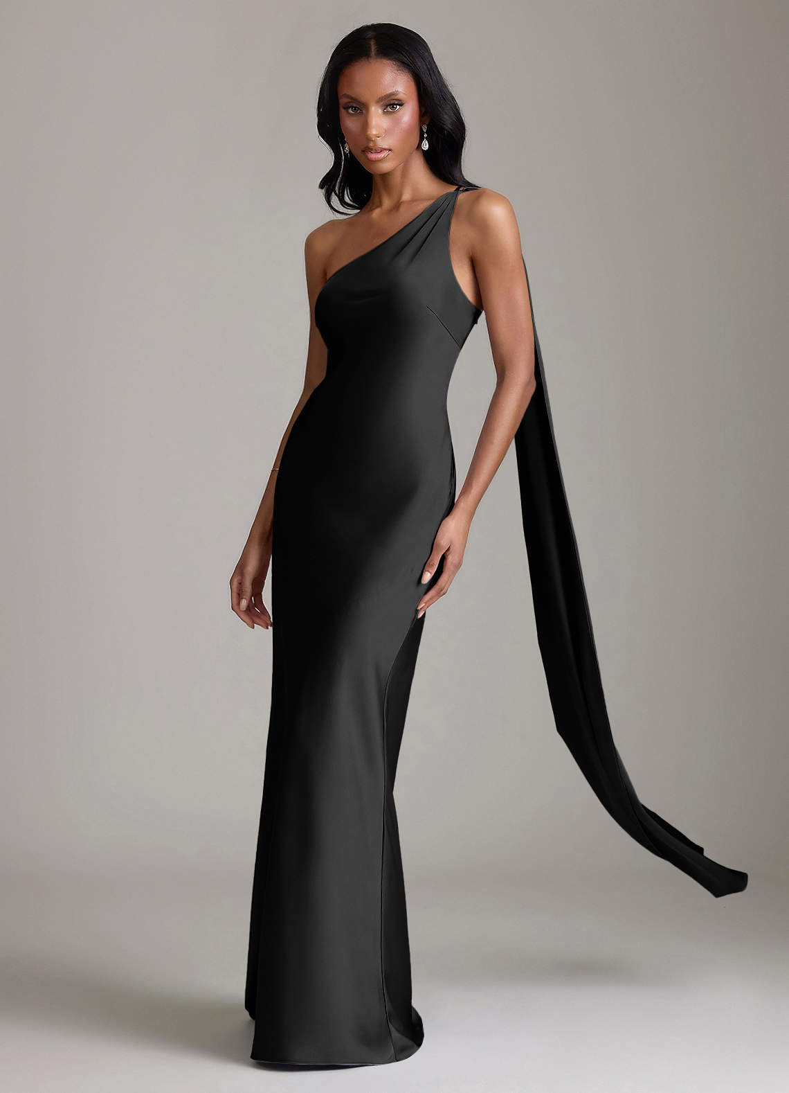Juniper Mermaid One-Shoulder Stretch Satin Bridesmaid Dress in black